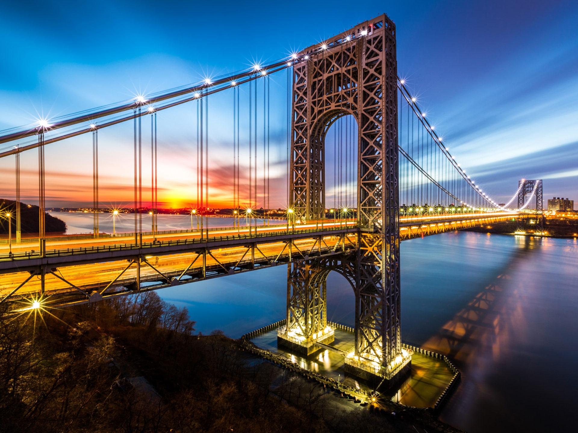 1920x1440 George Washington Bridge A Bridge On The Hudson River Linking Manhattan And Washington Heights In New York City Sunrise Landscape :