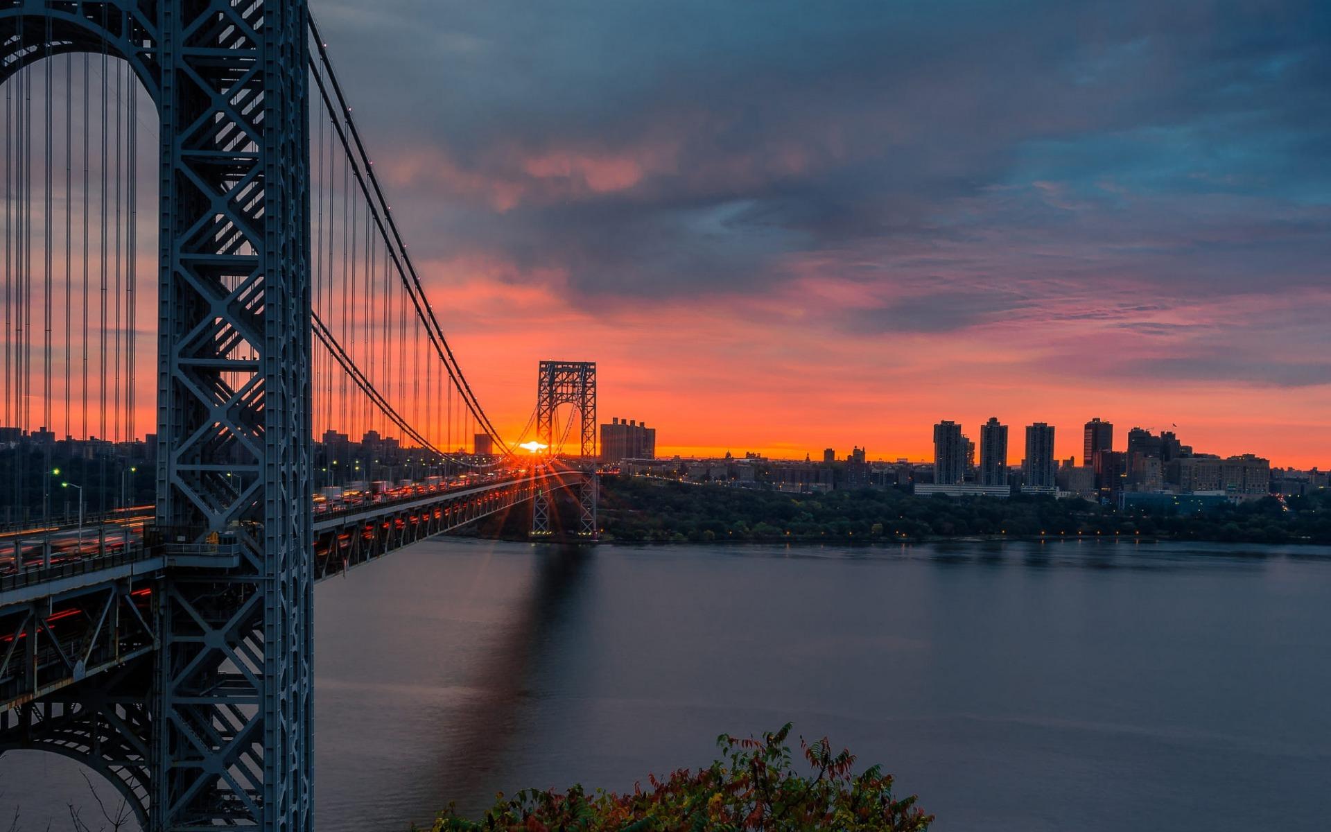 1920x1200 Download wallpaper George Washington Bridge, New York, Manhattan, sunset, USA, metropolis, skyscrapers, Hudson River for desktop with resolution 1920x1200. High Quality HD picture wallpaper