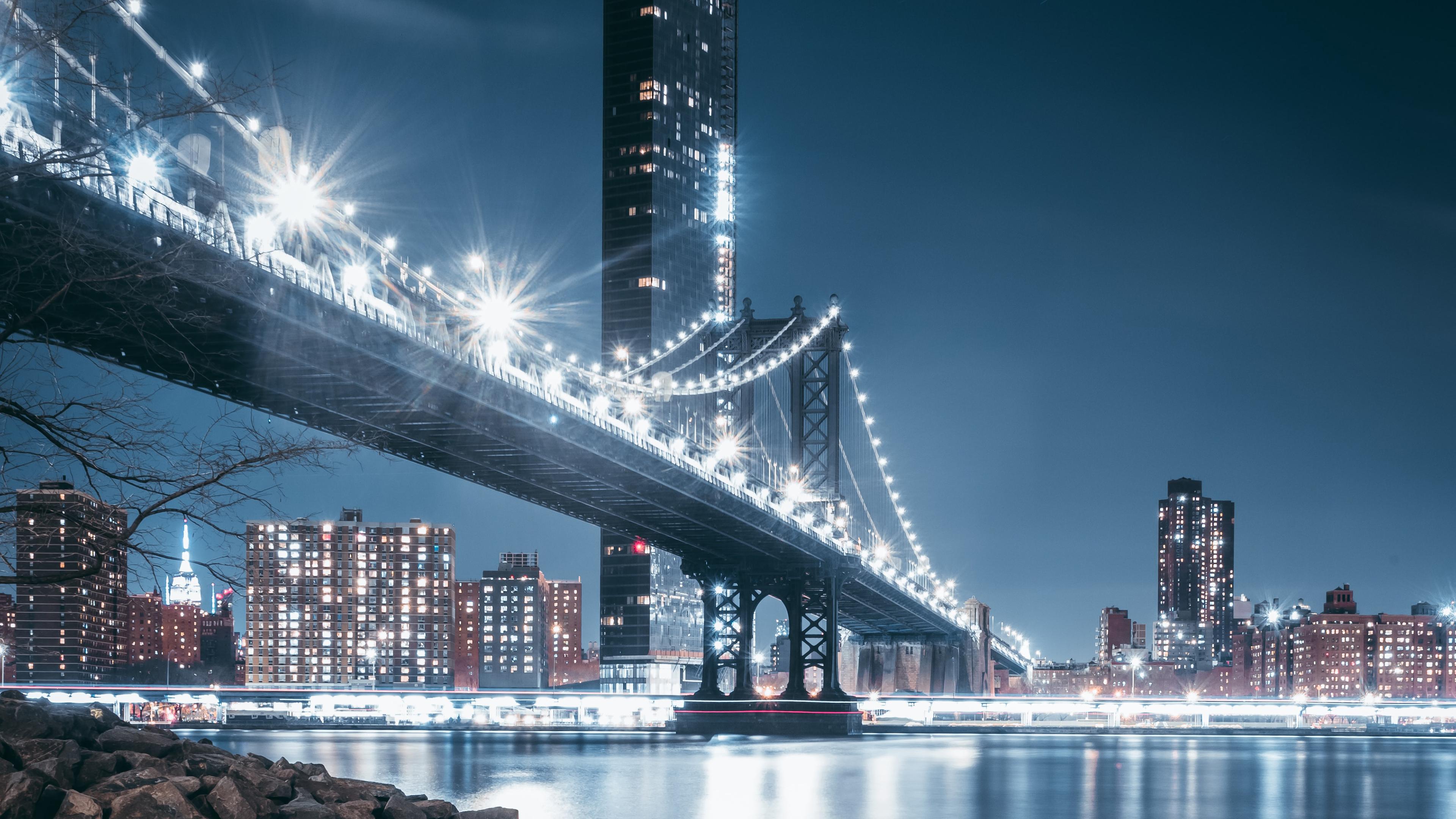 3840x2160 George Washington Bridge, Night, City lights, Rocks, Hudson River, 4k Free deskk wallpaper, Ultra HD