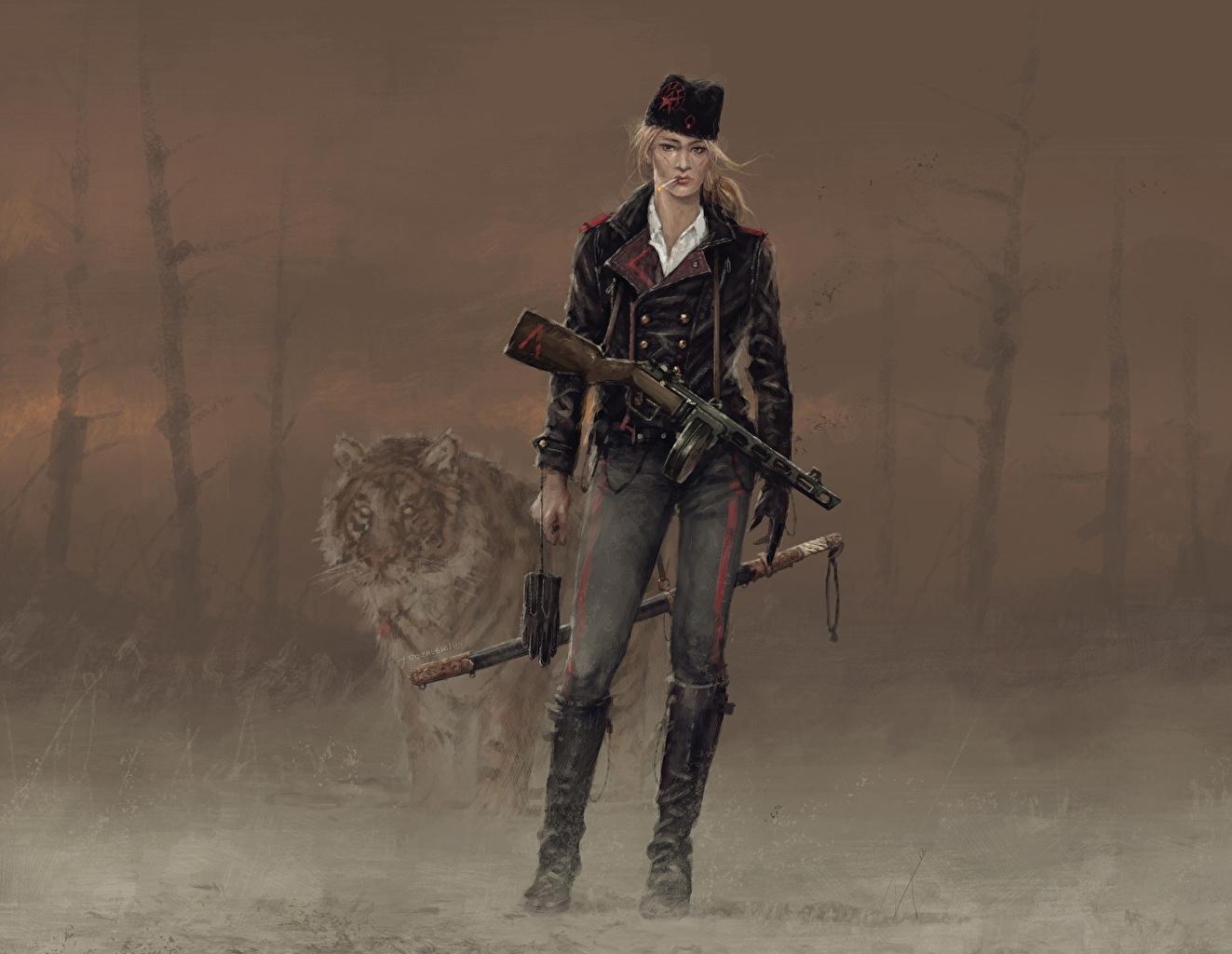 1323x1024 image tiger Blonde girl Assault rifle Iron Harvest, Olga, Anna