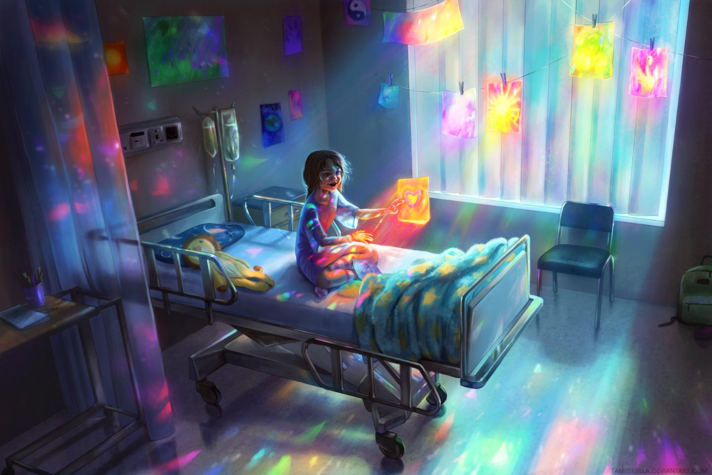 1440x960 Hospital Bed Children Artwork 2D Emotion Teddy Bears Digital Art Wallpaper:1440x960
