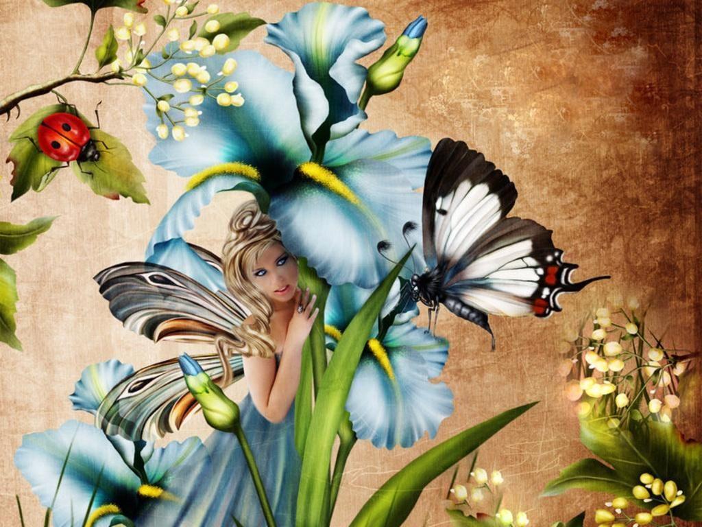 1024x768 picture of ladybugs on flowers. Fairy, abstract, butterfly, fairy, fantasy, flowers, ladybug. Fairy wallpaper, Fairy art, Fairy magic