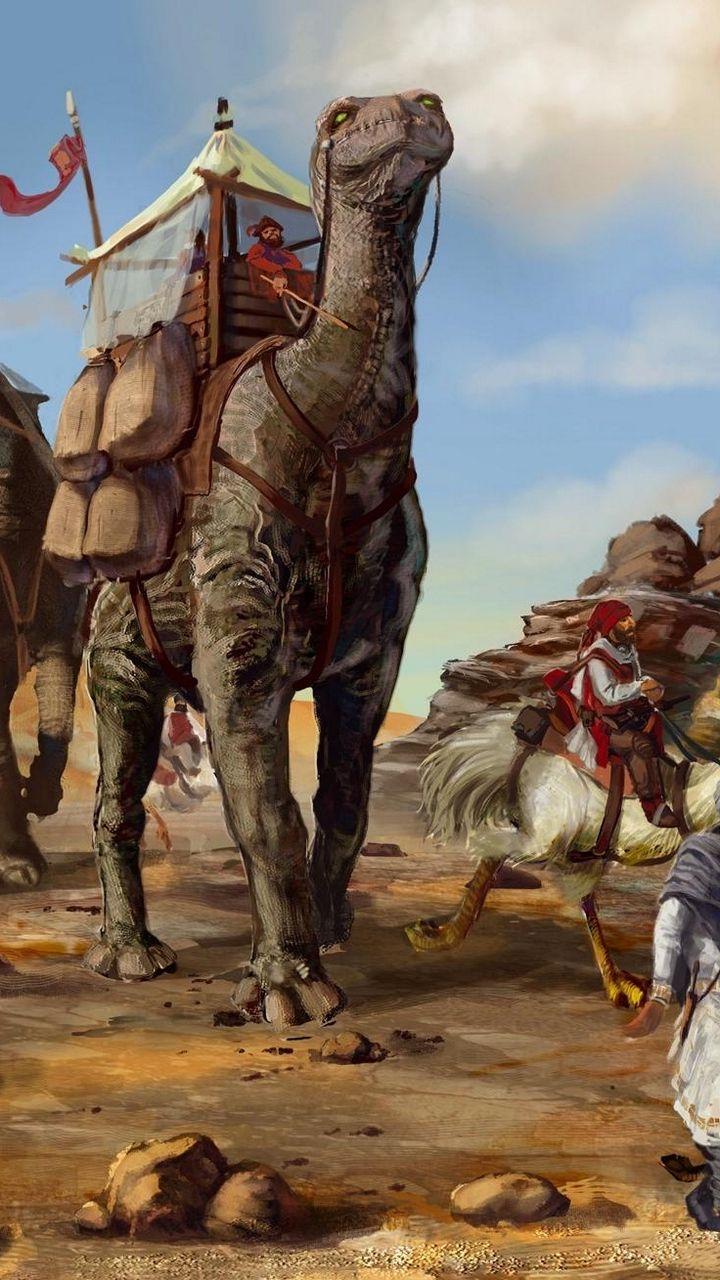 720x1280 Download wallpaper 720x1280 desert, caravan, dinosaurs, bedouins