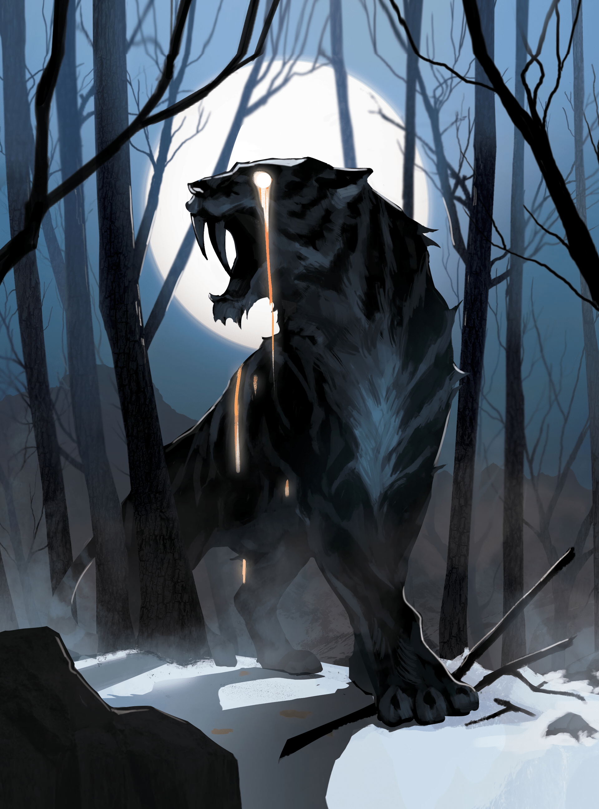 1920x2592 night, artwork, snow, teeth, digital art, vertical, tiger, sabertooth, Sunghee Park, animals, fangs. Mocah HD Wallpaper