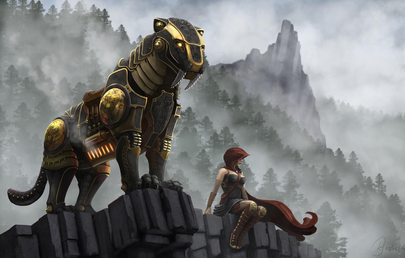 1332x850 Wallpaper Machine, Girl, Rock, Fiction, Robot, Art, Fangs, Beast, Saber Toothed Tiger Image For Desktop, Section фантастика