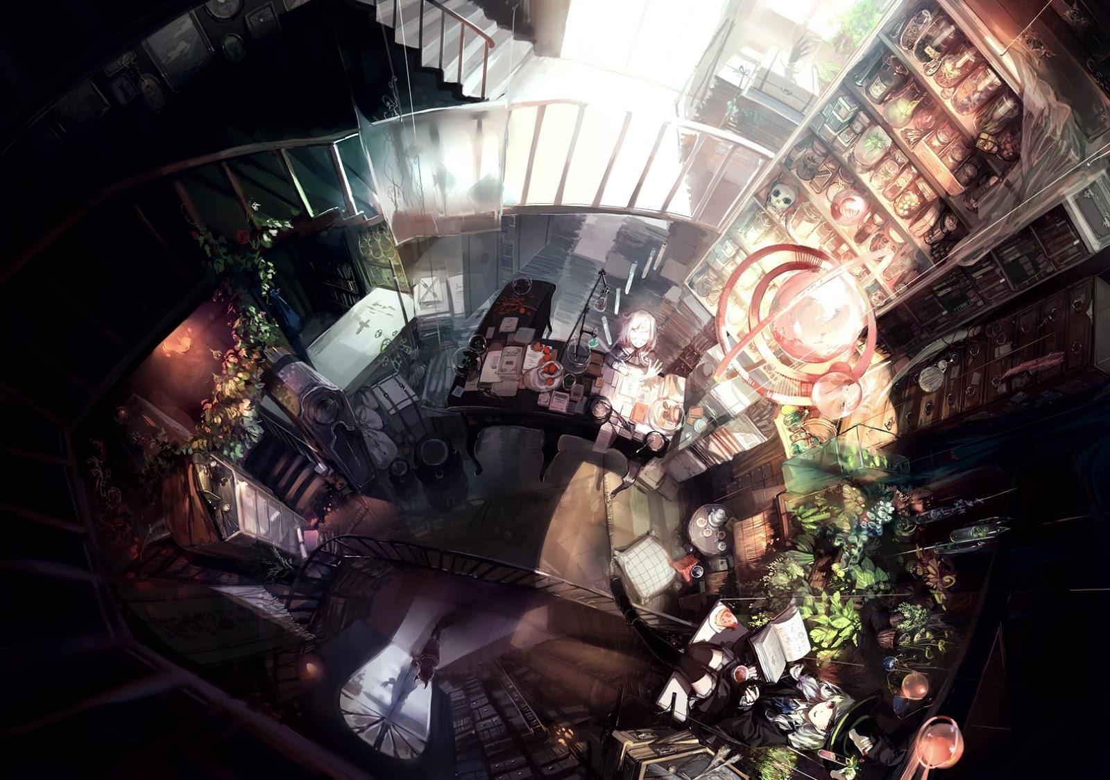 1600x1125 Phi Stars: Dark Creepy Library Anime Scenery Wallpaper