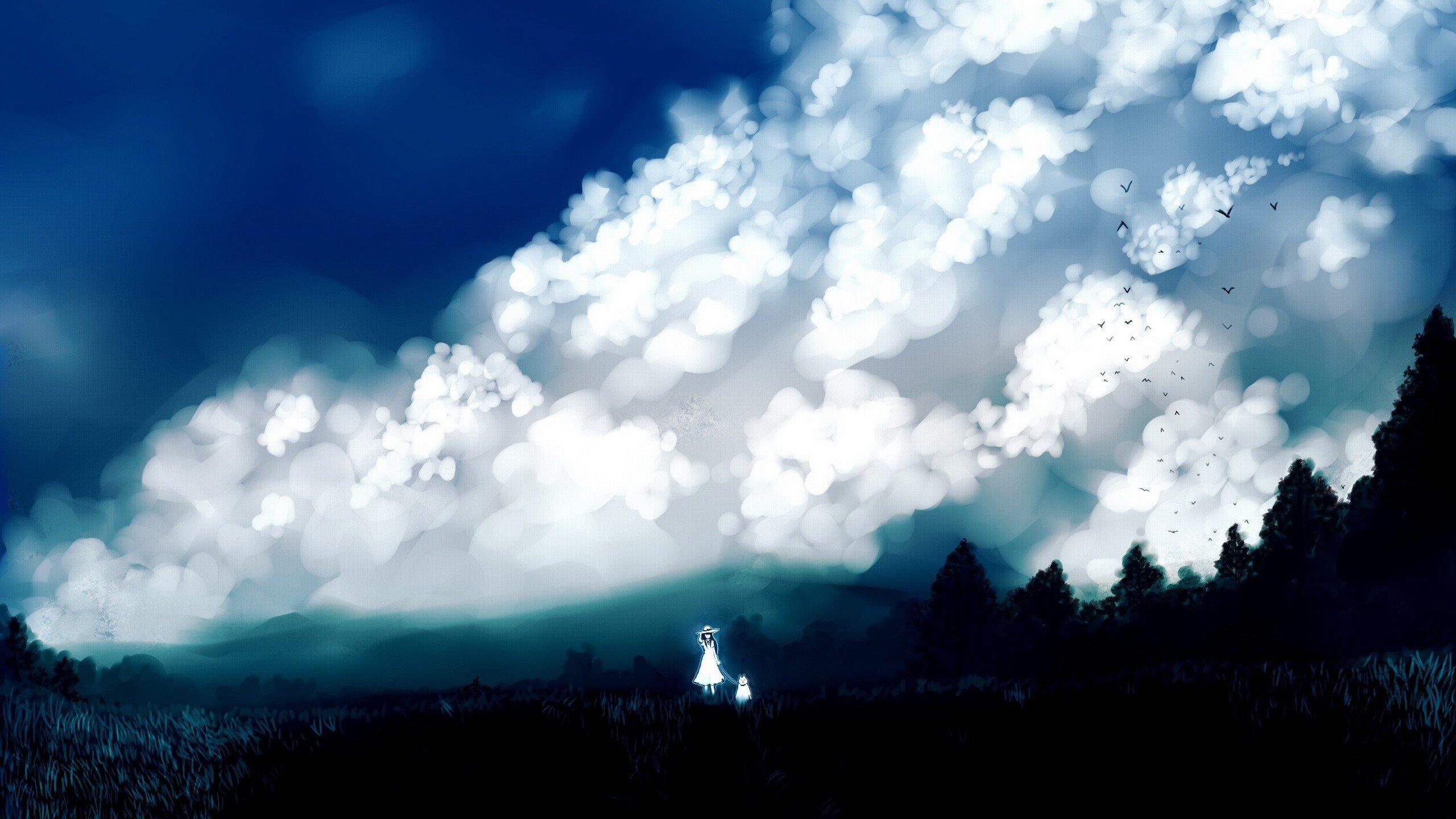 2560x1440 #skies, #hair, #hair, #girls, #white, #anime, #grass, #dress, #forests, #Clouds, #characters, #trees, #scenic, #hats, #nature, #black, #dress, #outdoors, #dogs, #original, #landscapes, #birds, #long, #skyscapes. Mocah HD Wallpaper
