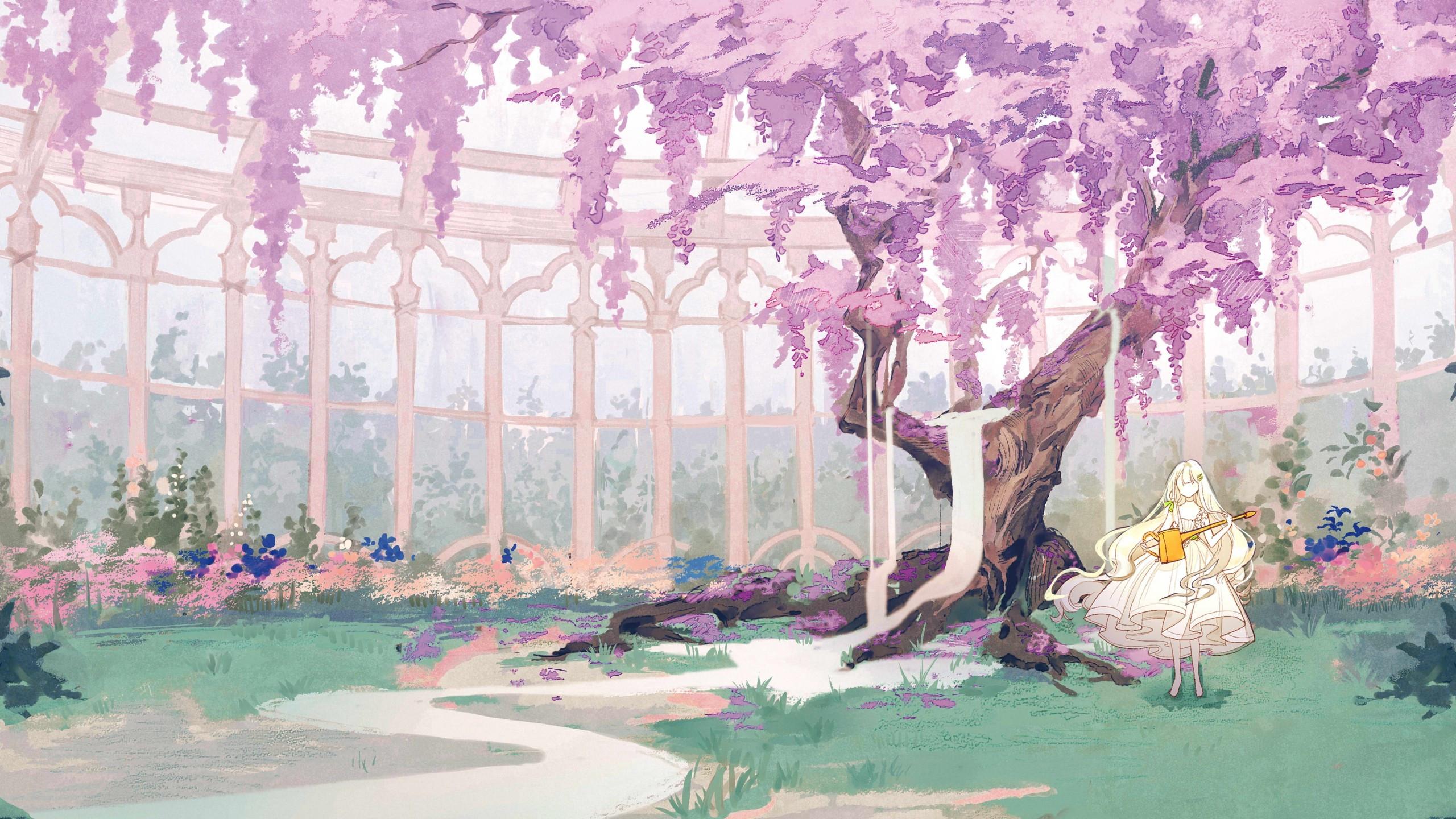 2560x1440 Download 2560x1440 Anime Landscape, Sakura Blossom, Garden, Anime Girl, White Diress Wallpaper for iMac 27 inch