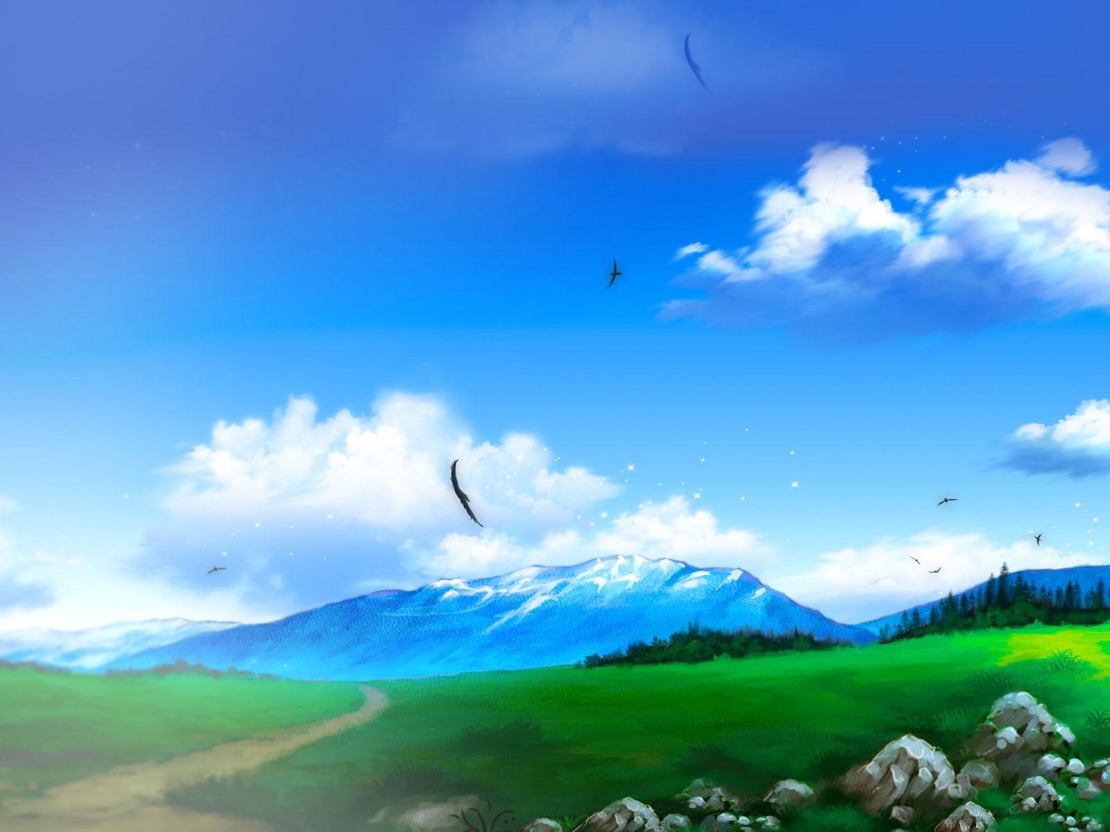 1600x1200 Blue sky, white clouds, anime scenery wallpaper