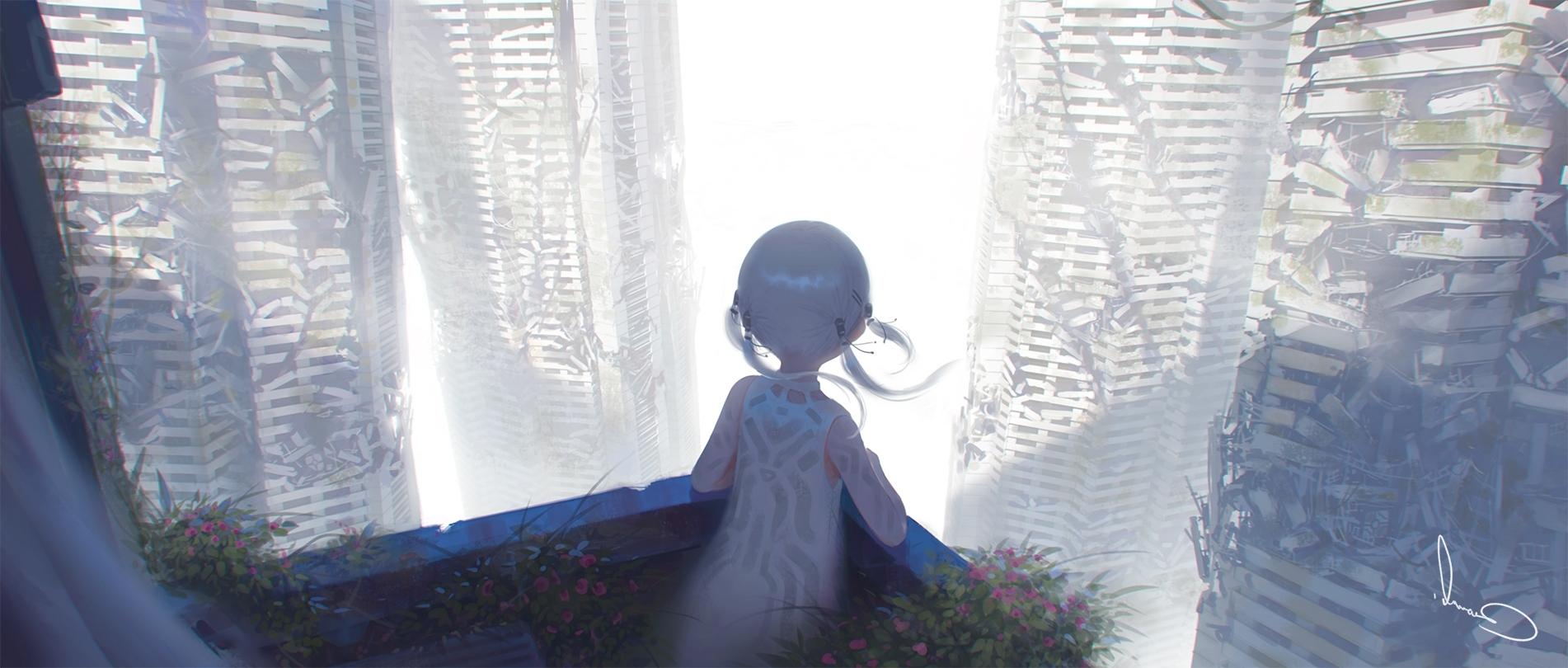 1902x810 Wallpaper Scenic, White Hair, Anime Girl, Back View, Buildings, Apocalypse, Ruins:1902x810