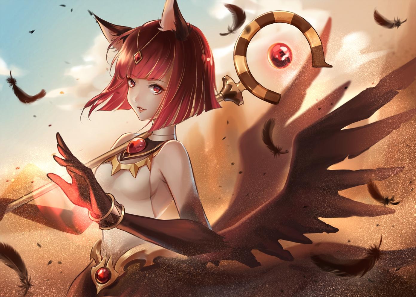 1392x992 afk arena animal ears clouds feathers monkeyyan red eyes red hair safiya (afk arena) short hair wings. konachan.com.com Anime Wallpaper