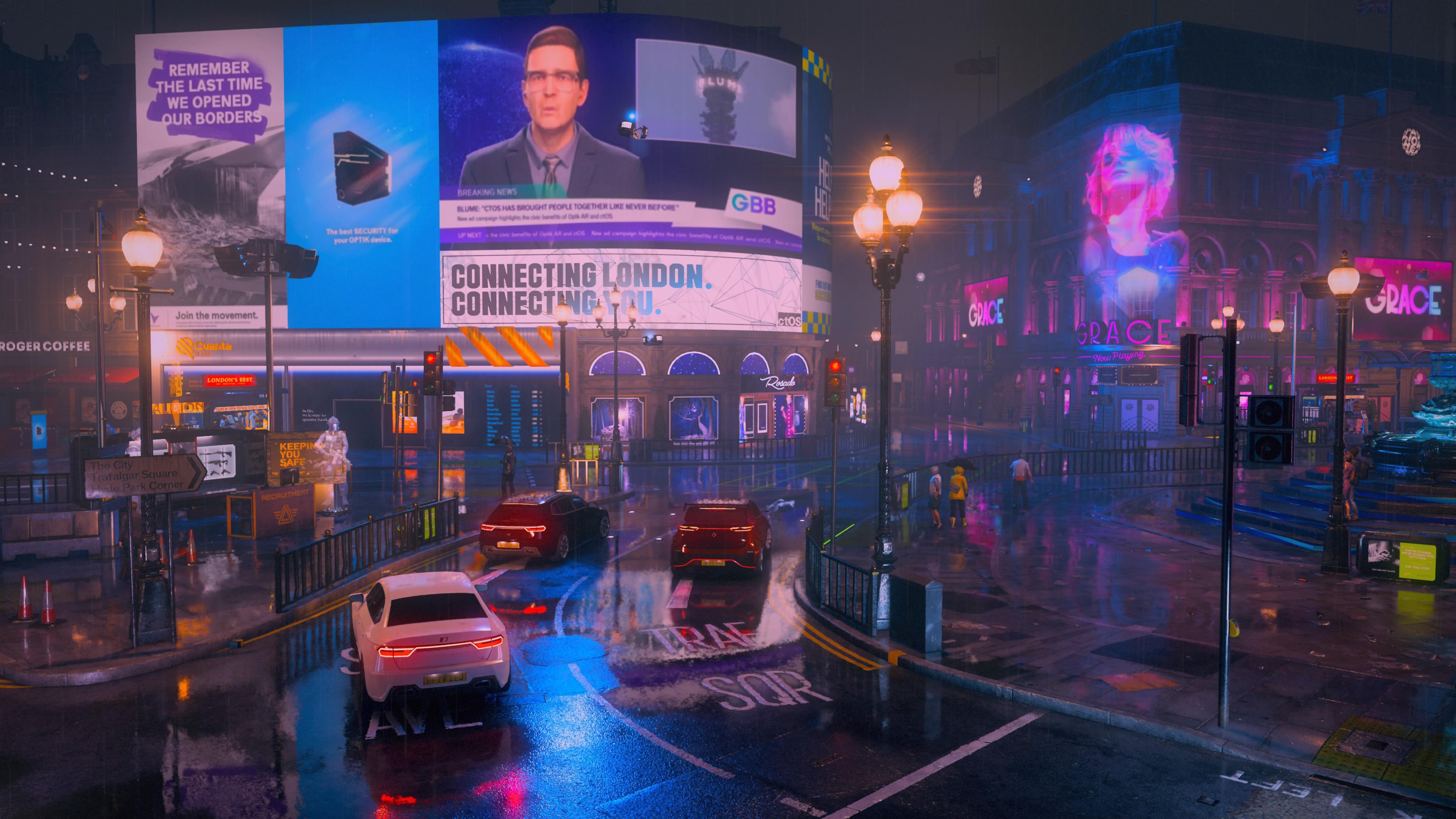 3840x2160 Piccadilly Circus in Watch Dogs Legion: Cyberpunk