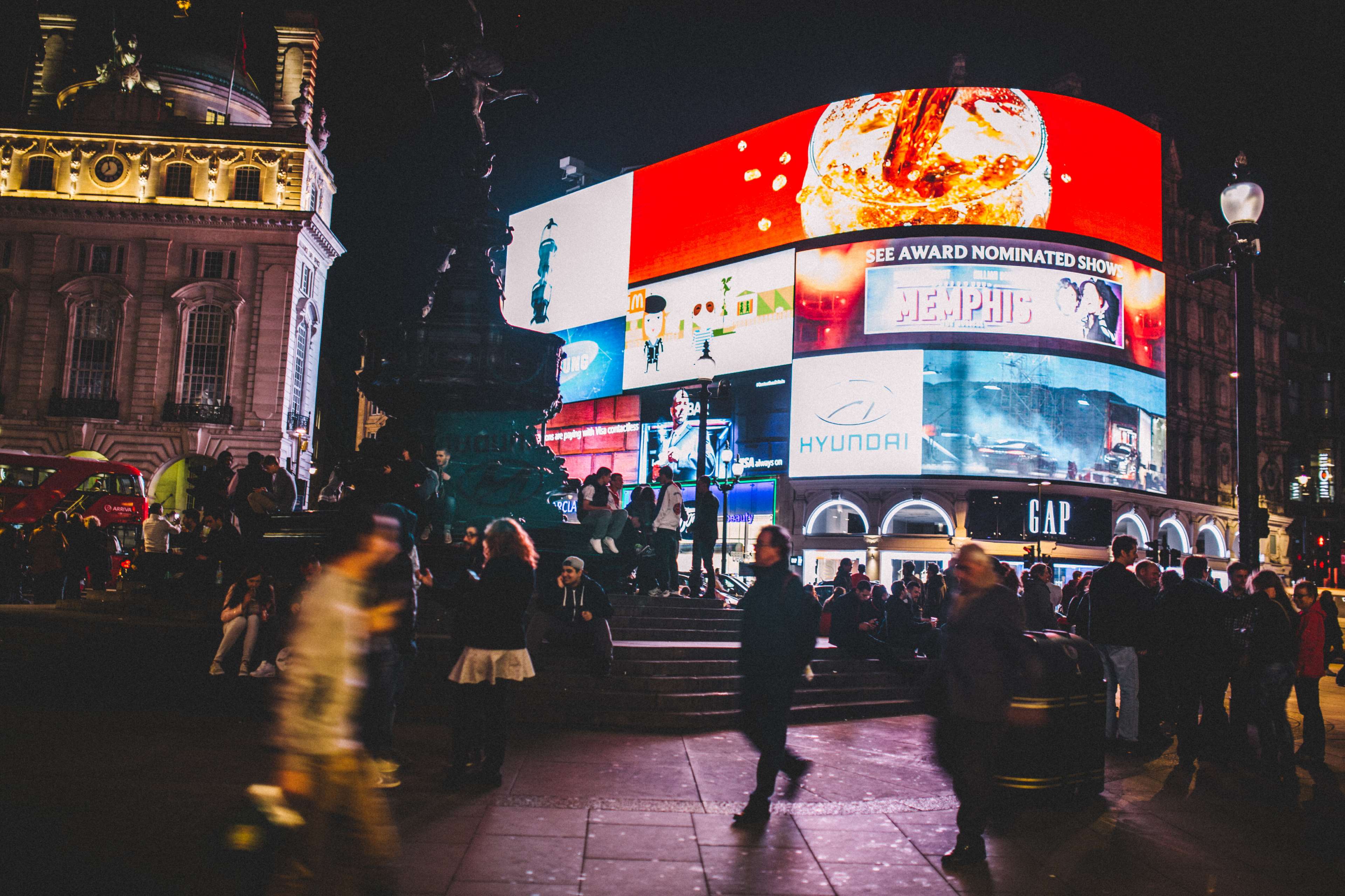 3840x2560 adverts, dark, dawn, light, london, night, people, piccadilly circus, walking 4k wallpaper