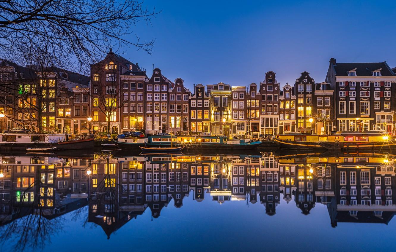 1332x850 Wallpaper reflection, building, home, pier, Amsterdam, Netherlands, night city, Amsterdam, Netherlands, Singel Canal, The Singel Canal image for desktop, section город