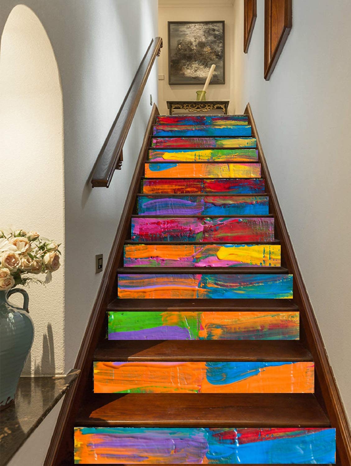 1129x1500 FLFK 3D Colorful Art Oil Painting Self Adhesive Stairs Risers Stickers Vinyl Staircase Stickers Wall Murals Wallpaper Decor 39.3Inch X7.08Inch X 13PCS : Tools & Home Improvement