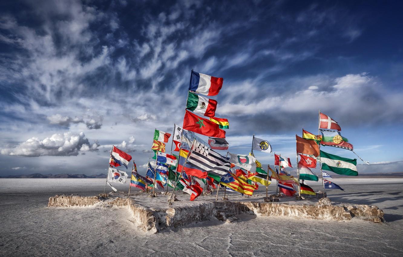 1332x850 Wallpaper lake, Salar de uyuni, salt, Flags, Bolivia, flat image for desktop, section разное