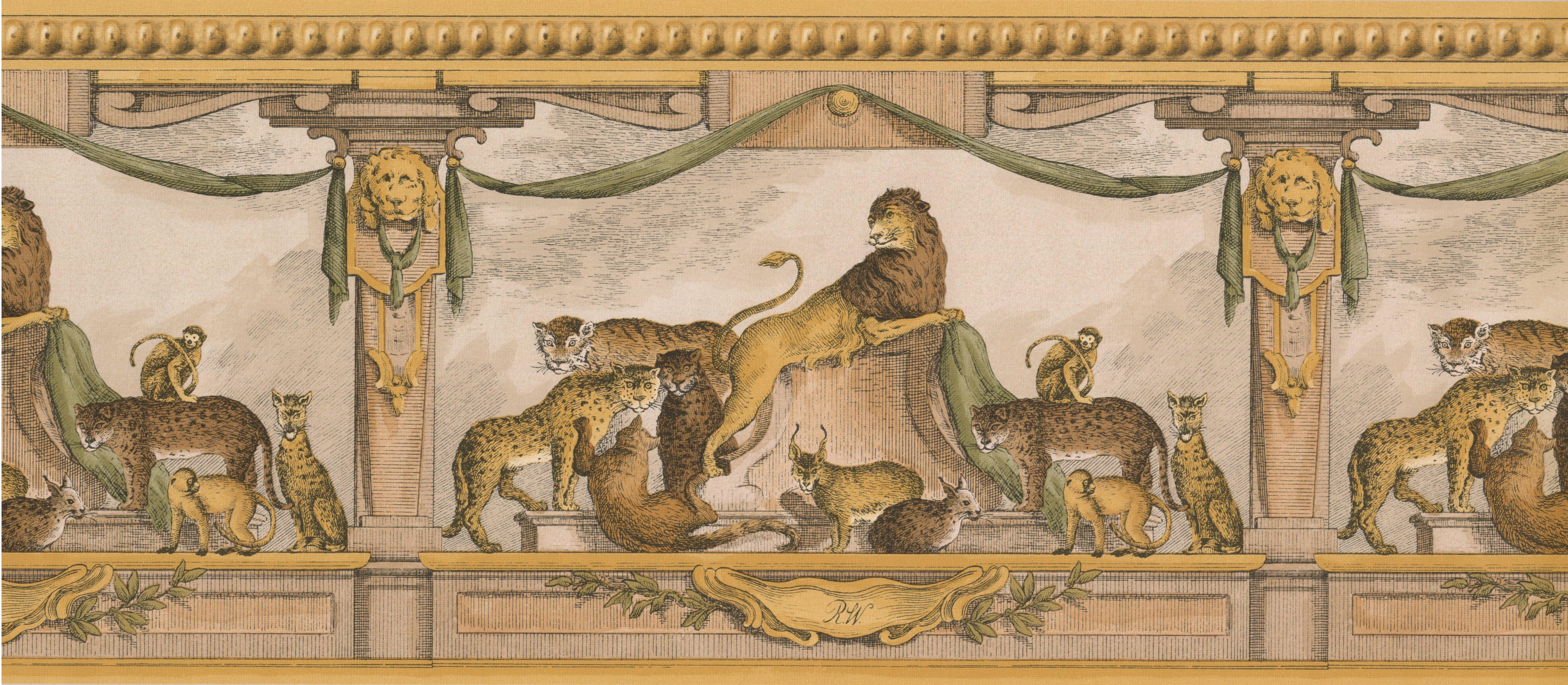 7078x3092 Astoria Grand Berne Ancient Rome Lion Lynx Monkey Animal 15' L x 10.5 W Wildlife Wallpaper Border