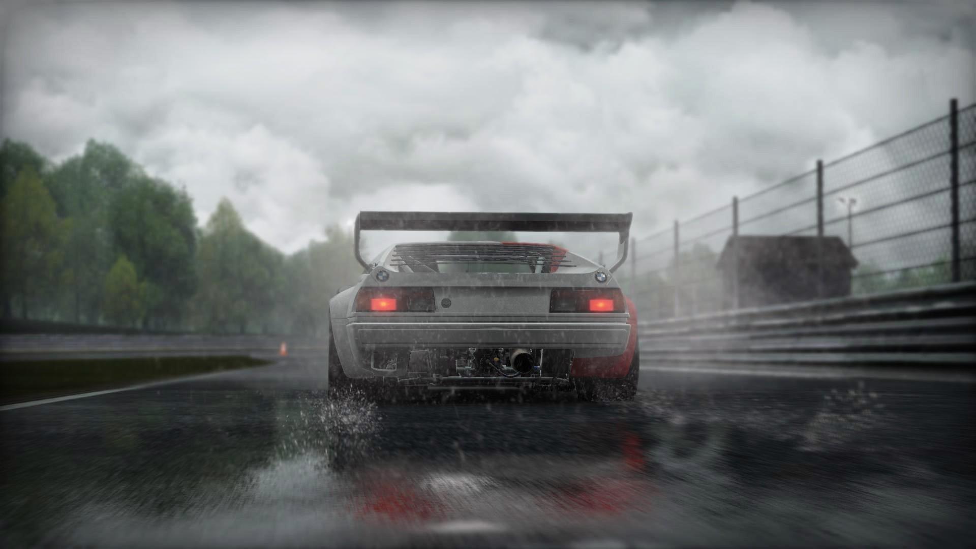 1920x1080 #video games, #Project cars, #rain, #trees, #car, #race cars, #bmw m #digital art, #motion blur, #tail light, #abstract, #rear wing, #artwork, #road, wallpaper HD Wallpaper
