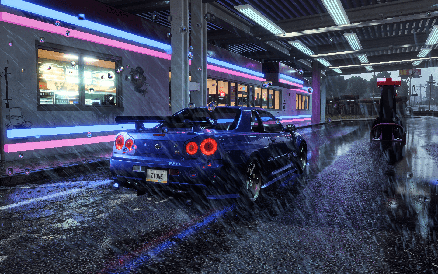 1440x900 Need For Speed Heat Nissan Skyline R34 Car Rain Blue Cars Vehicle Nissan Video Games Wallpaper:1440x900
