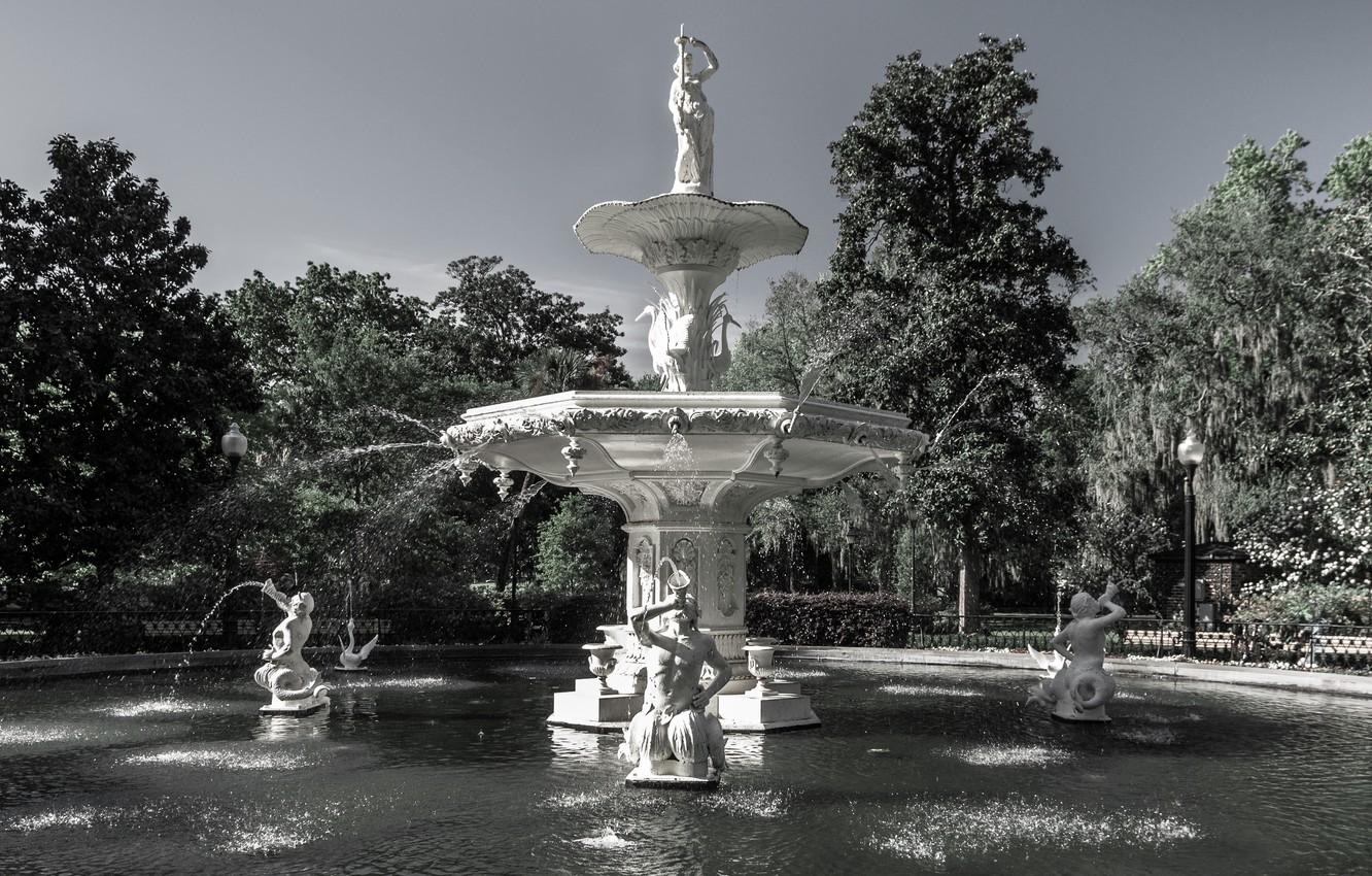 1332x850 Wallpaper USA, water, park, tree, Georgia, fountain, Savannah, forsyth image for desktop, section город