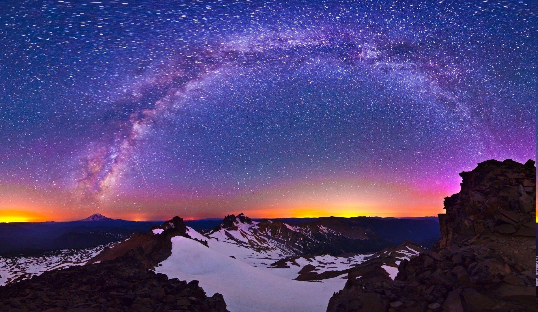 1864x1080 nature, Winter, Mountain, Milky Way, Snowy Peak, Landscape