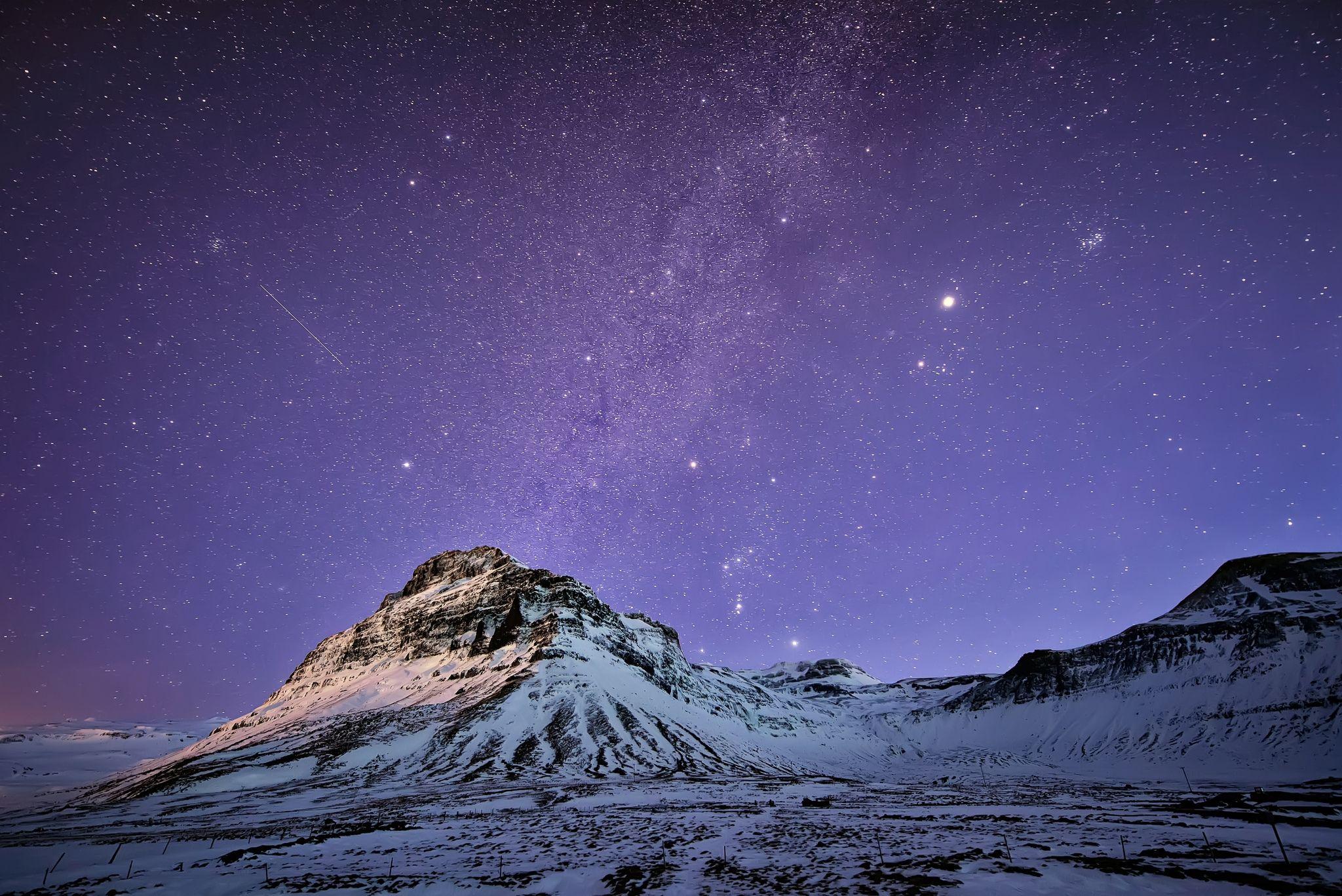 2048x1367 Wallpaper snow, mountains, Milky Way, night, lilac, Iceland, sky