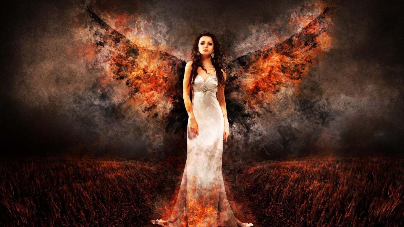 1366x768 Woman With Fire Wings Wallpaper 12528