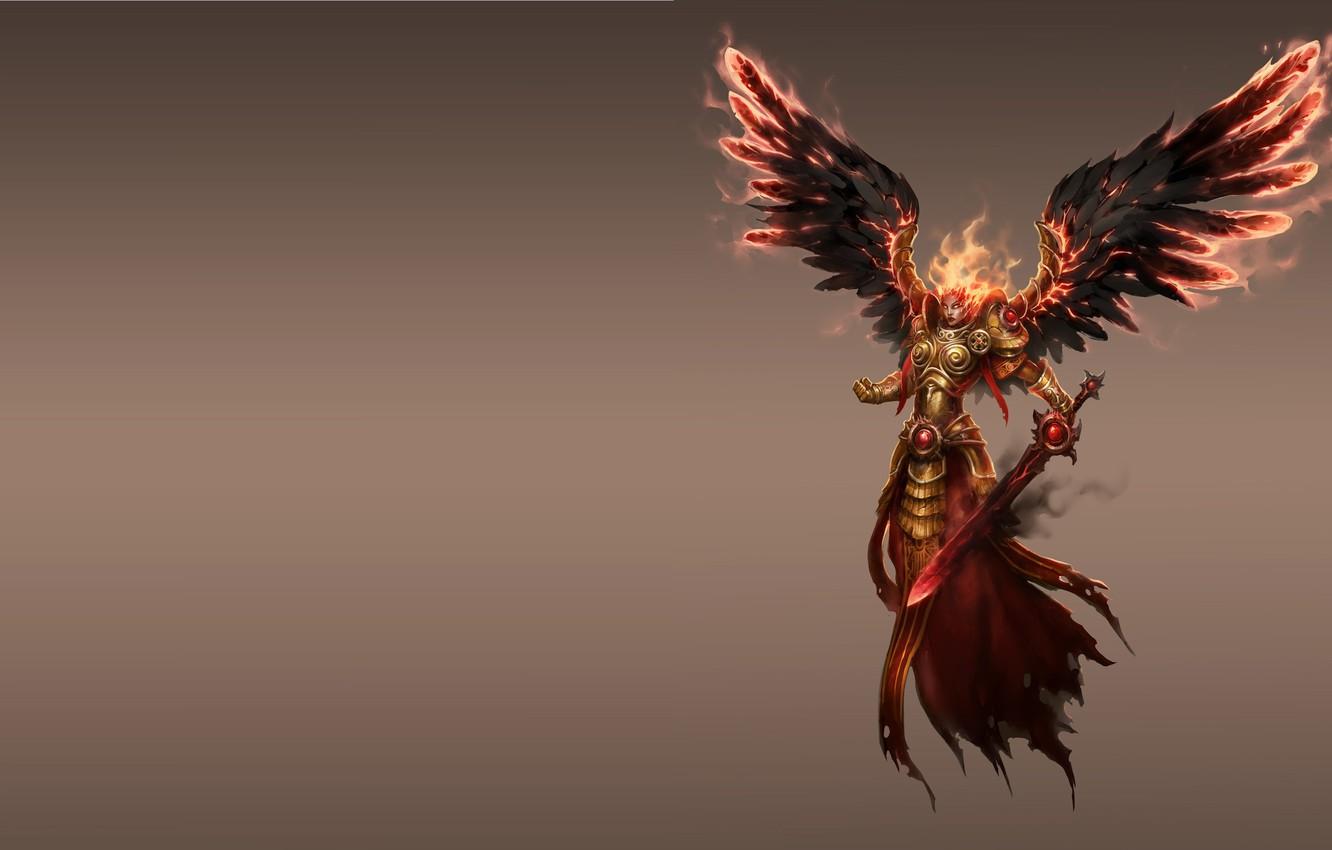1332x850 Wallpaper fire, wings, sword, armor, the Archangel, dark angel, fantasy image for desktop, section фантастика
