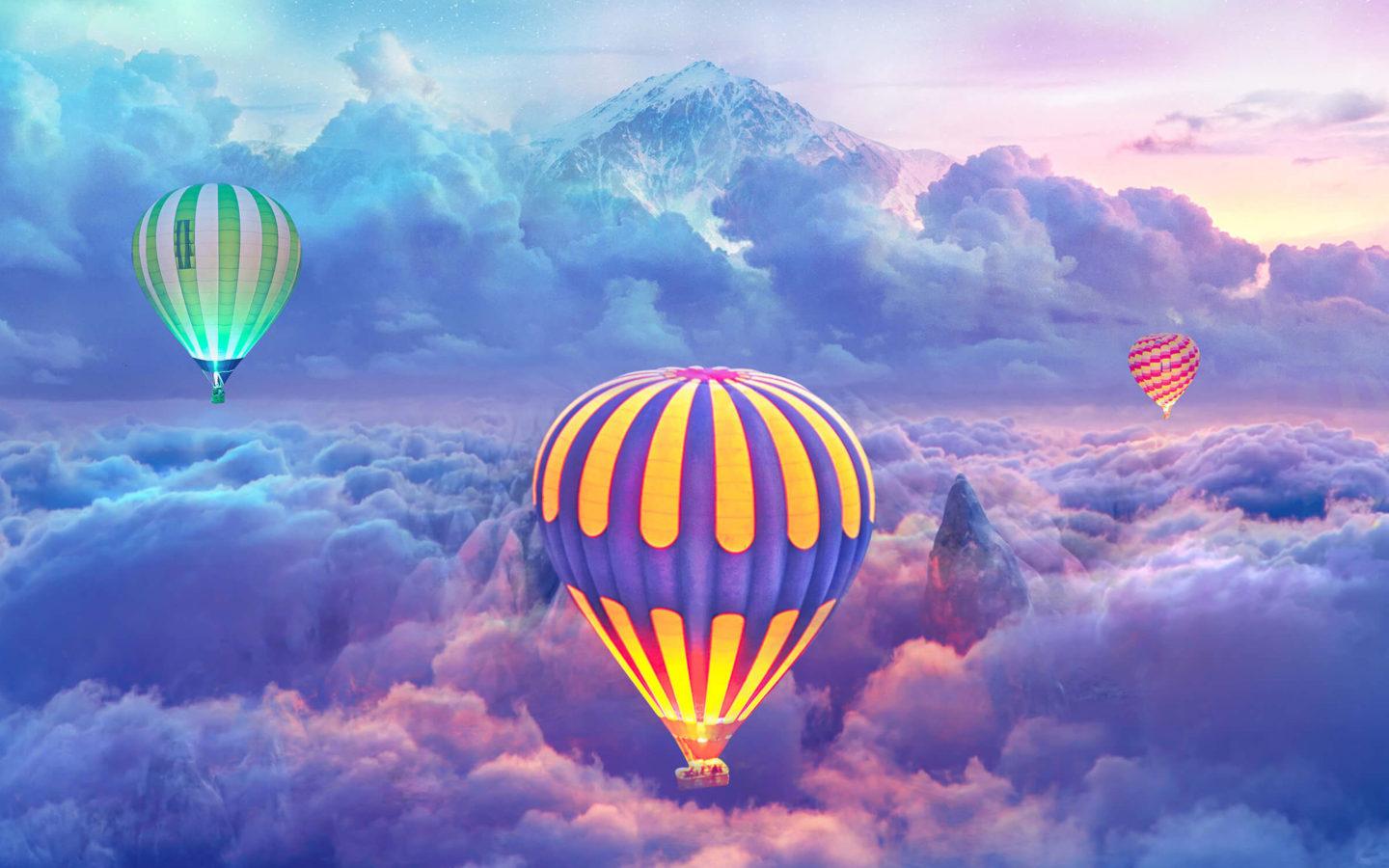 1440x900 Colorful Balloons Hot Air Dark Clouds Snow Mountain Wallpaper HD :