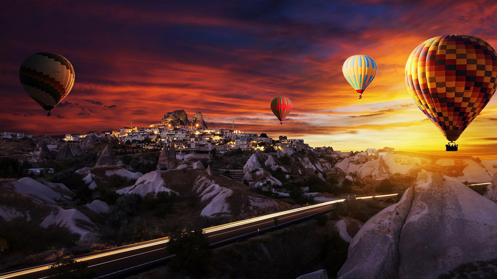 1920x1080 Desktop wallpaper hot air balloons over göreme, sunset, sky, clouds, HD image, picture, background, 96ff93