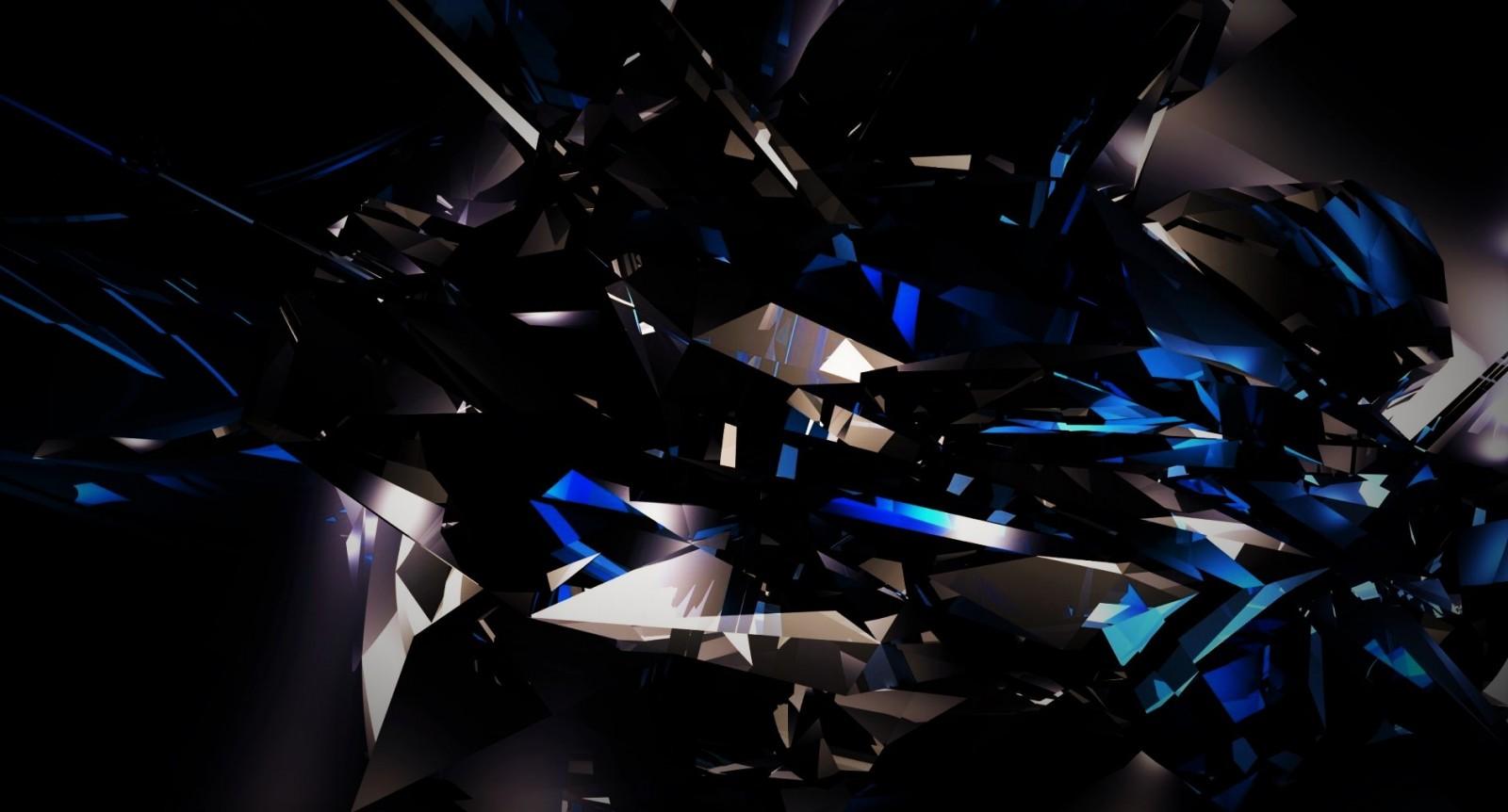 1600x862 black, dark, abstract, 3D, blue, glass, bright, shards, light, stage, darkness, screenshot, computer wallpaper. Mocah HD Wallpaper