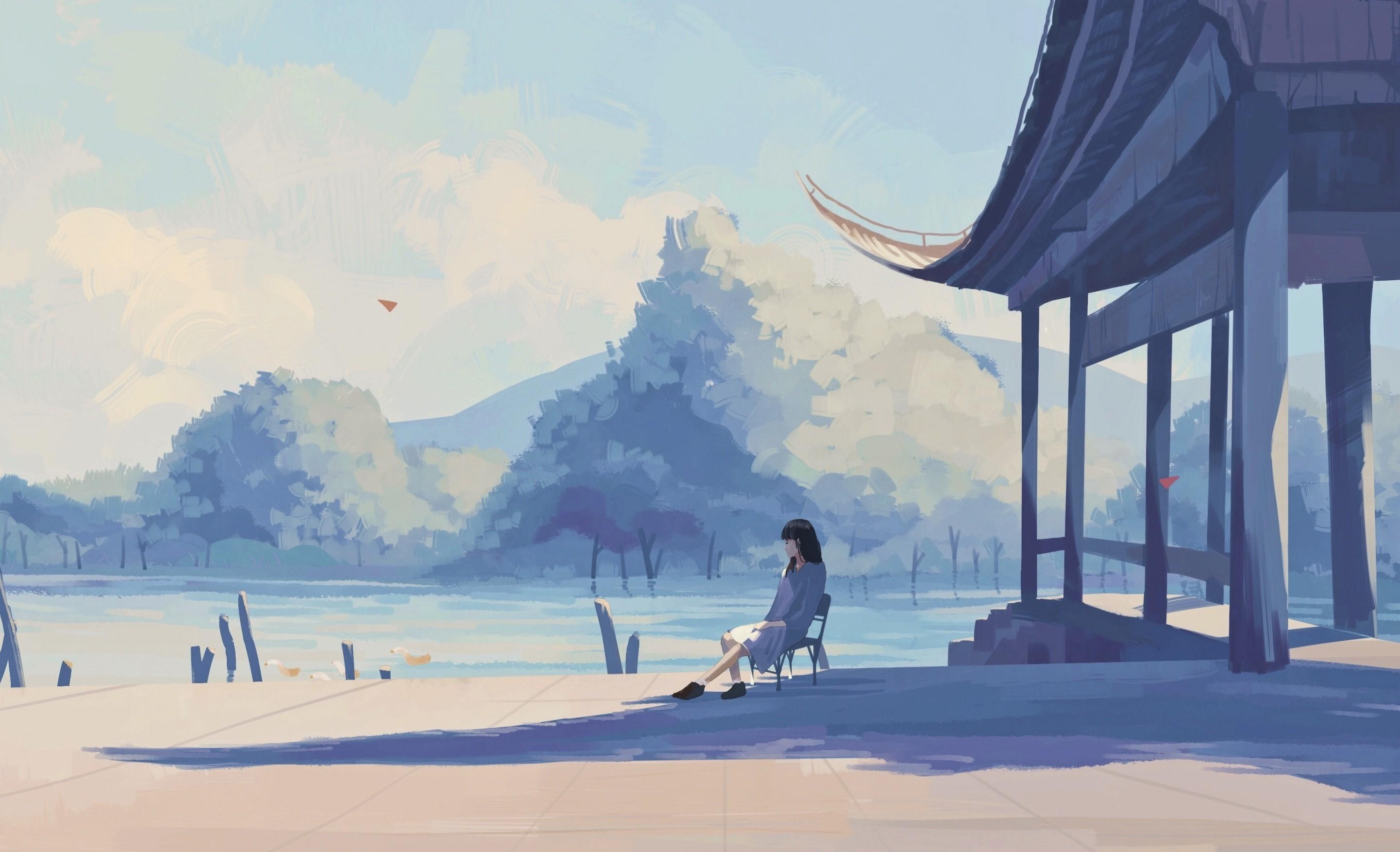 2883x1754 Lonely Anime Girl, Lake, Pastel Colors, Shadow Wallpaper For Laptop HD