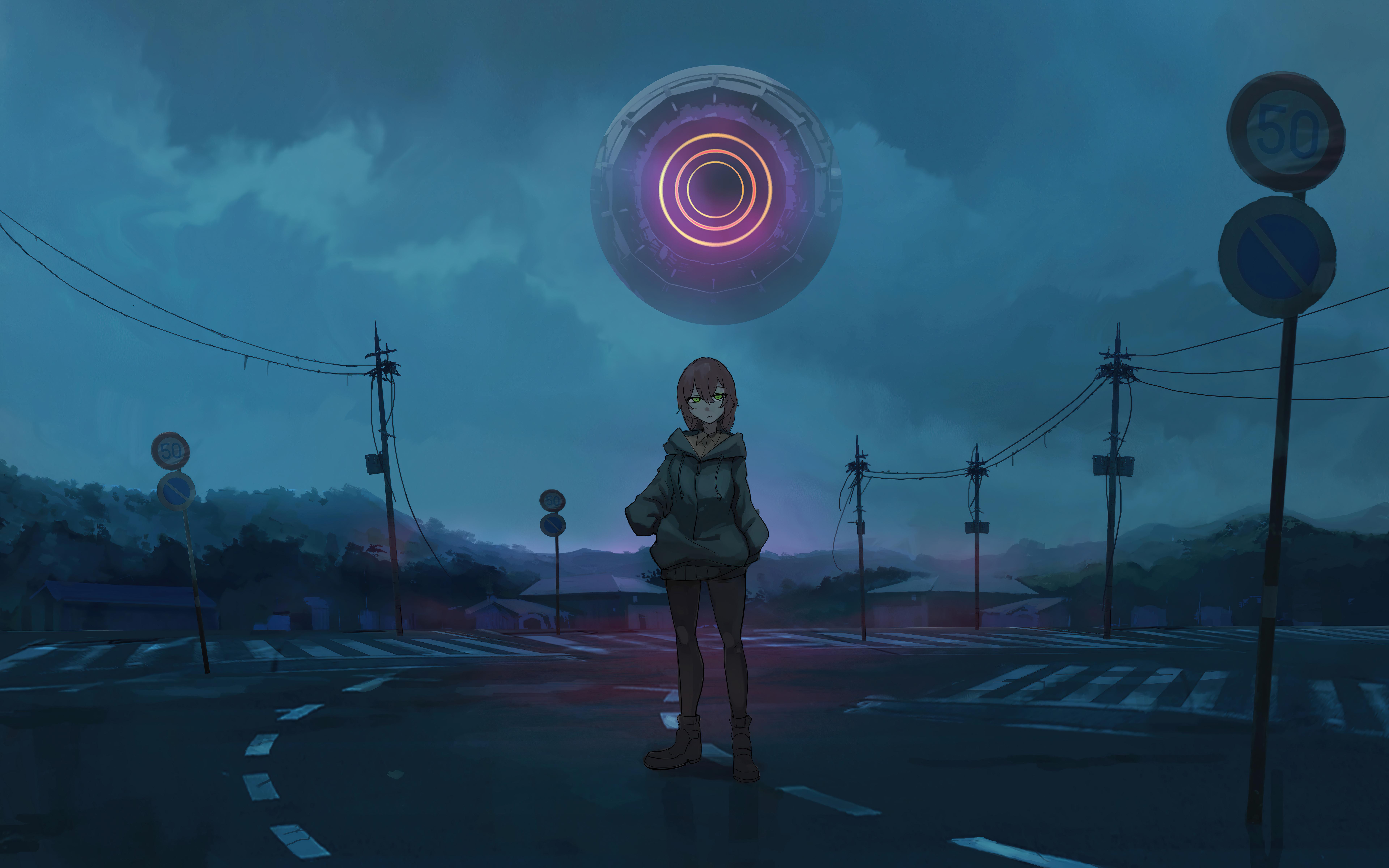 7680x4800 Anime Girl Alone Road Green Eyes 8k, HD Anime, 4k Wallpaper, Image, Background, Photo and Picture