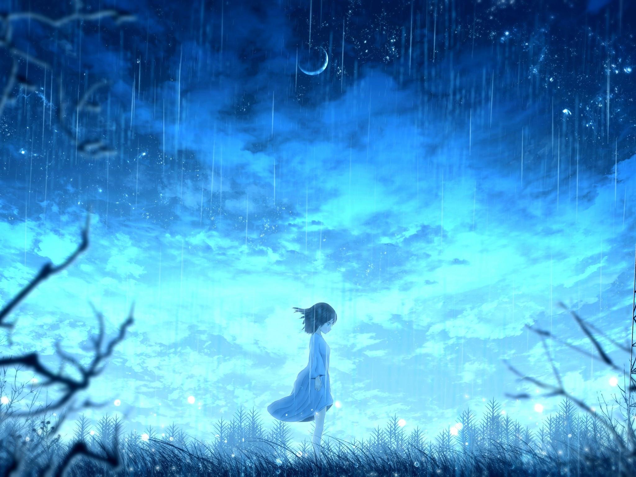 2048x1536 Download 2048x1536 Lonely Anime Girl, Raining, White Dress, Profile View Wallpaper for Ainol Novo 9 Spark