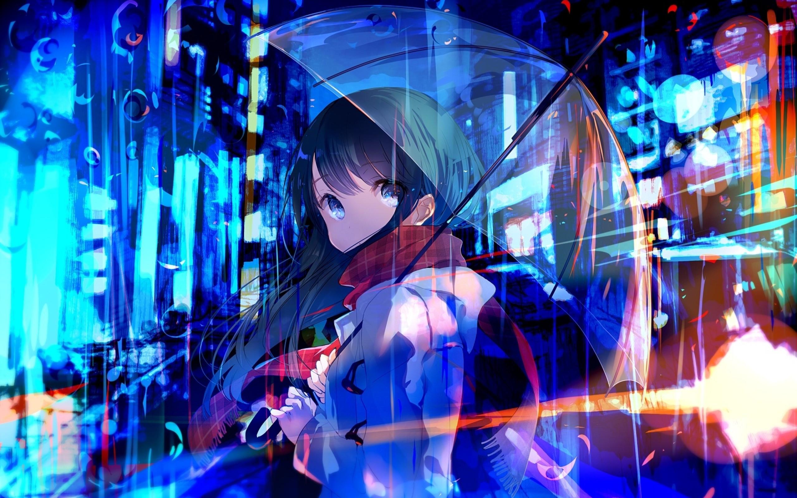 2560x1600 Download 2560x1600 Anime Girl, Red Scarf, Transparent Umbrella, Bubbles, Lights Wallpaper for MacBook Pro 13 inch