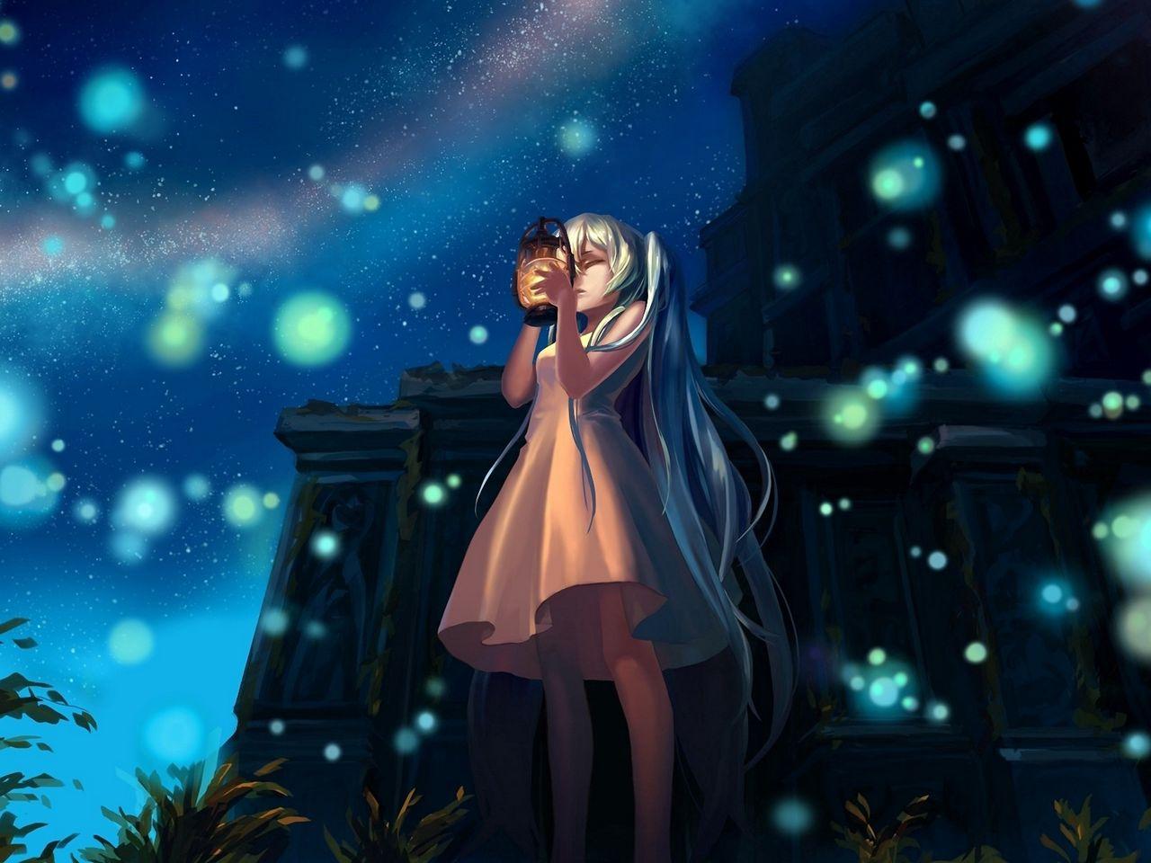 1280x960 Download wallpaper 1280x960 anime, girl, glow, lights, night, lamp standard 4:3 HD background