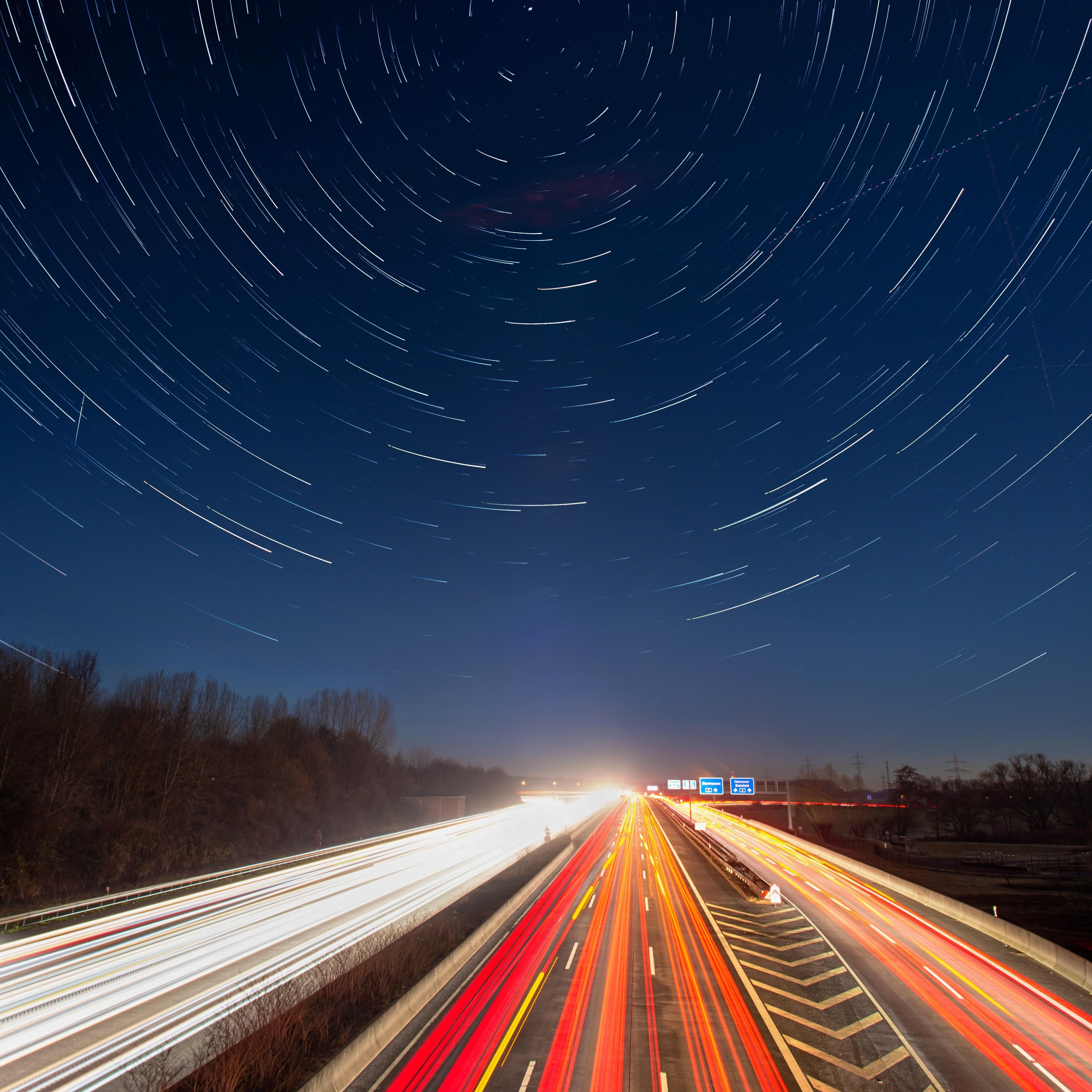 3840x3840 Download 3840x3840 Time Lapse, Road, Star Trails, Night, Long Exposure Wallpaper