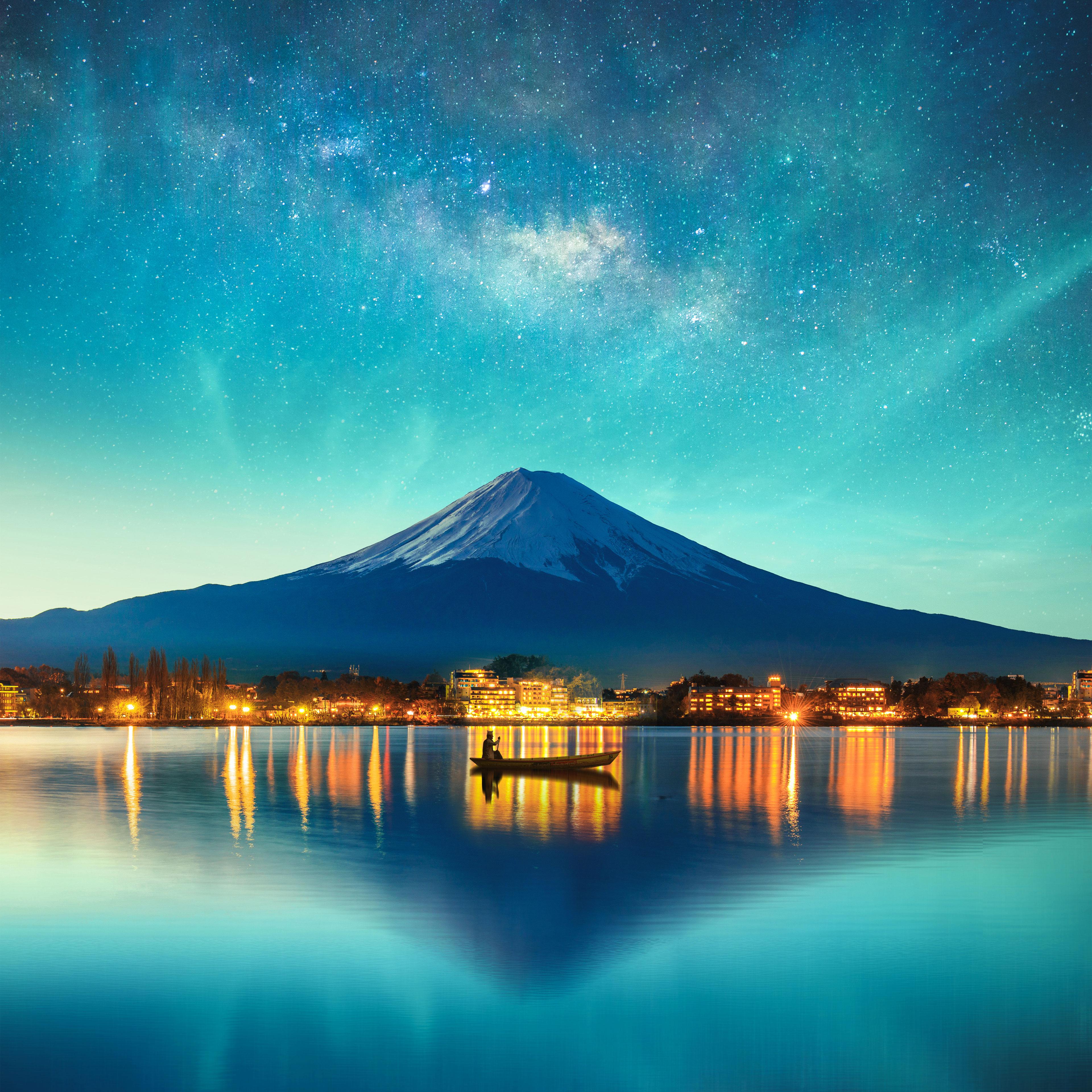 3840x3840 Landscape City Mountains Hill Reflection Vehicle Boat Stars Photography Lake Wallpaper:3840x3840
