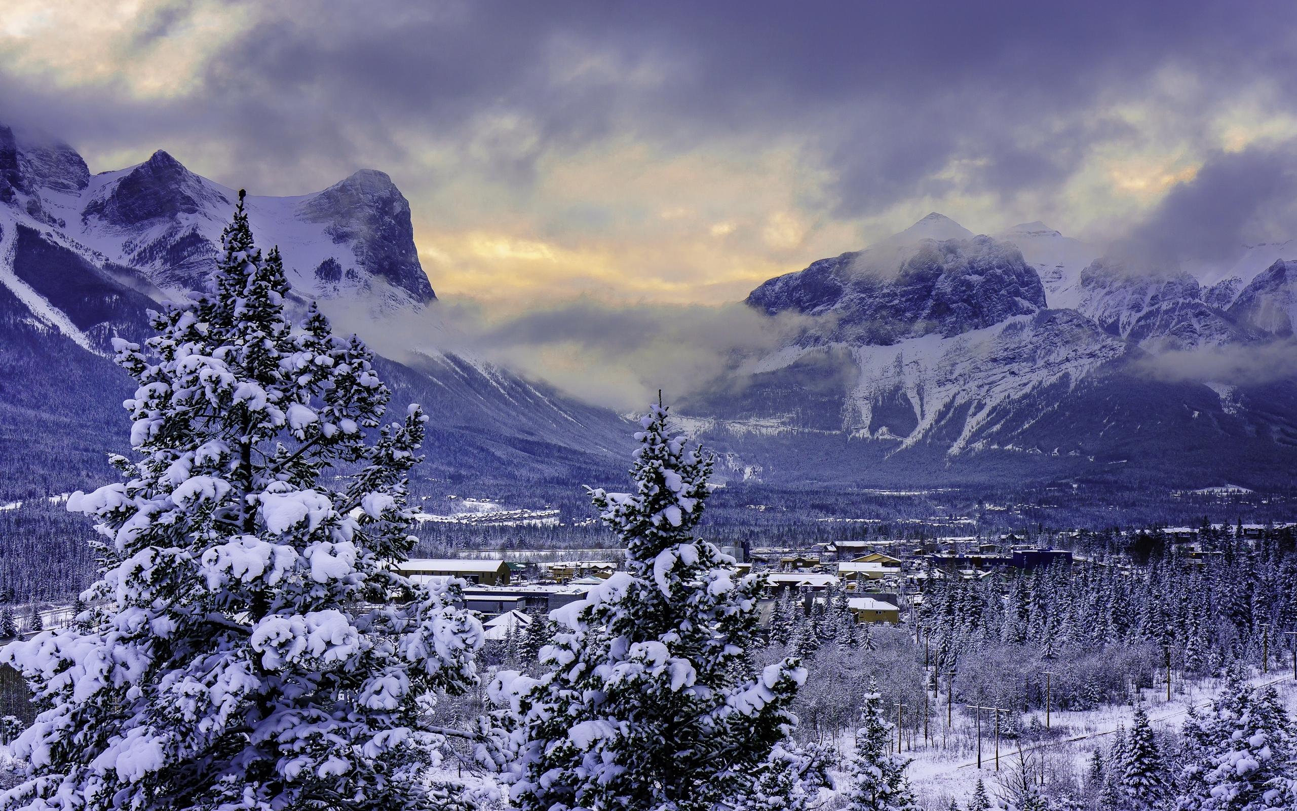 2560x1600 Download 2560x1600 Winter, Village, Snow, Tree, Mountains, Clouds Wallpaper for MacBook Pro 13 inch