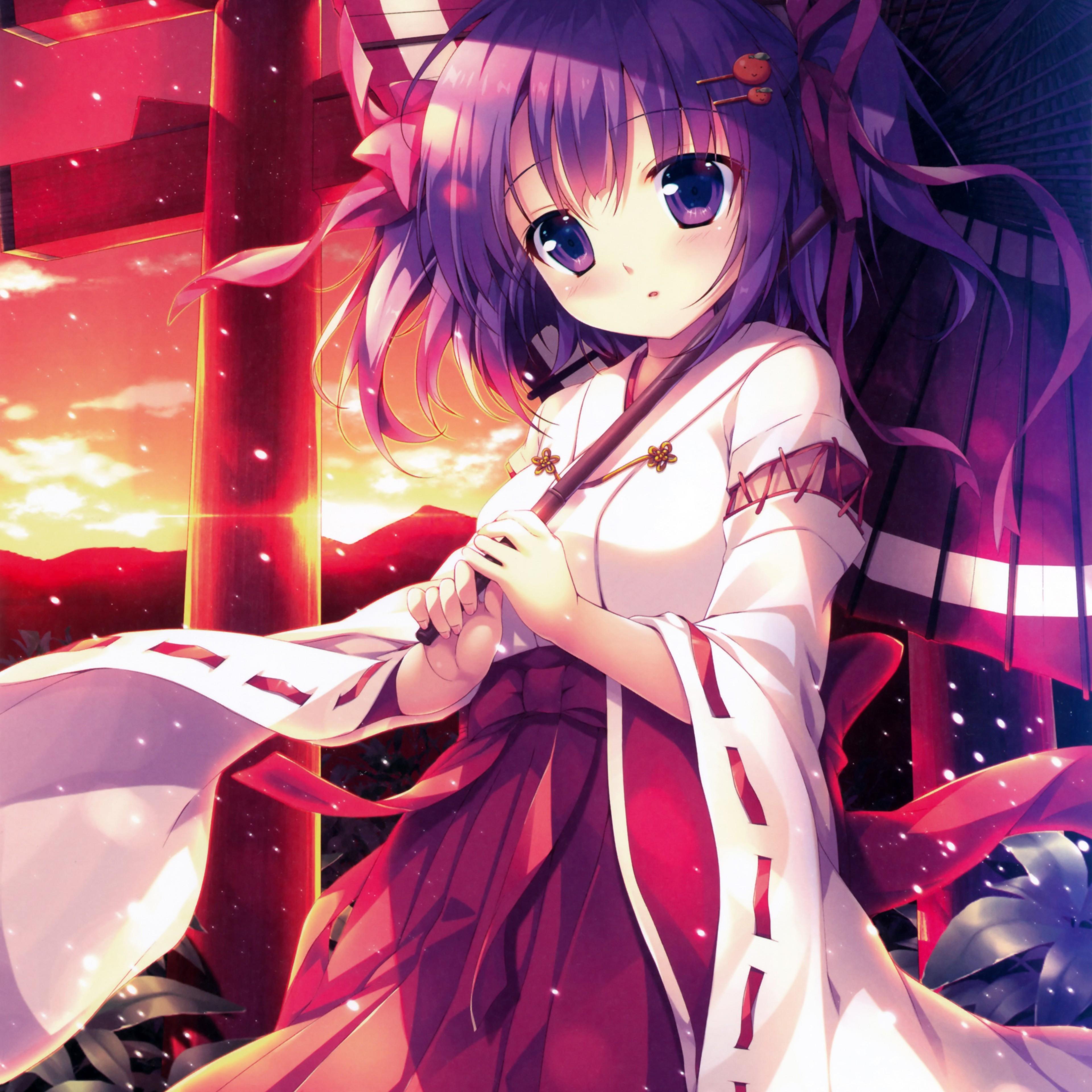 3840x3840 Download 3840x3840 Anime Girl, Japanese Clothes, Shrine, Scenic, Umbrella Wallpaper