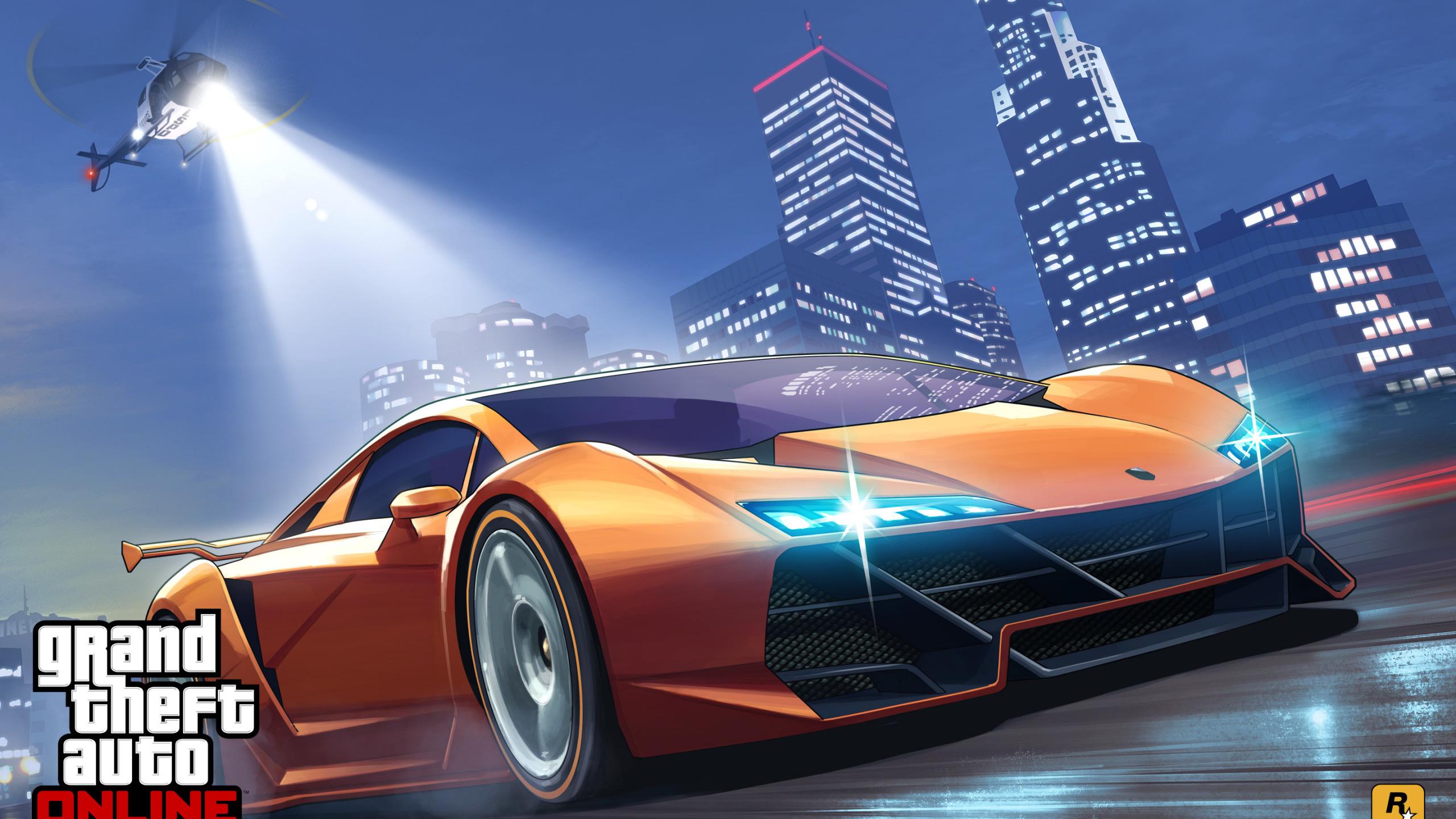 2560x1440 Download wallpaper road, machine, police, chase, art, helicopter, Los Angeles, Grand Theft Auto V, gta online, section games in resolution 2560x1440