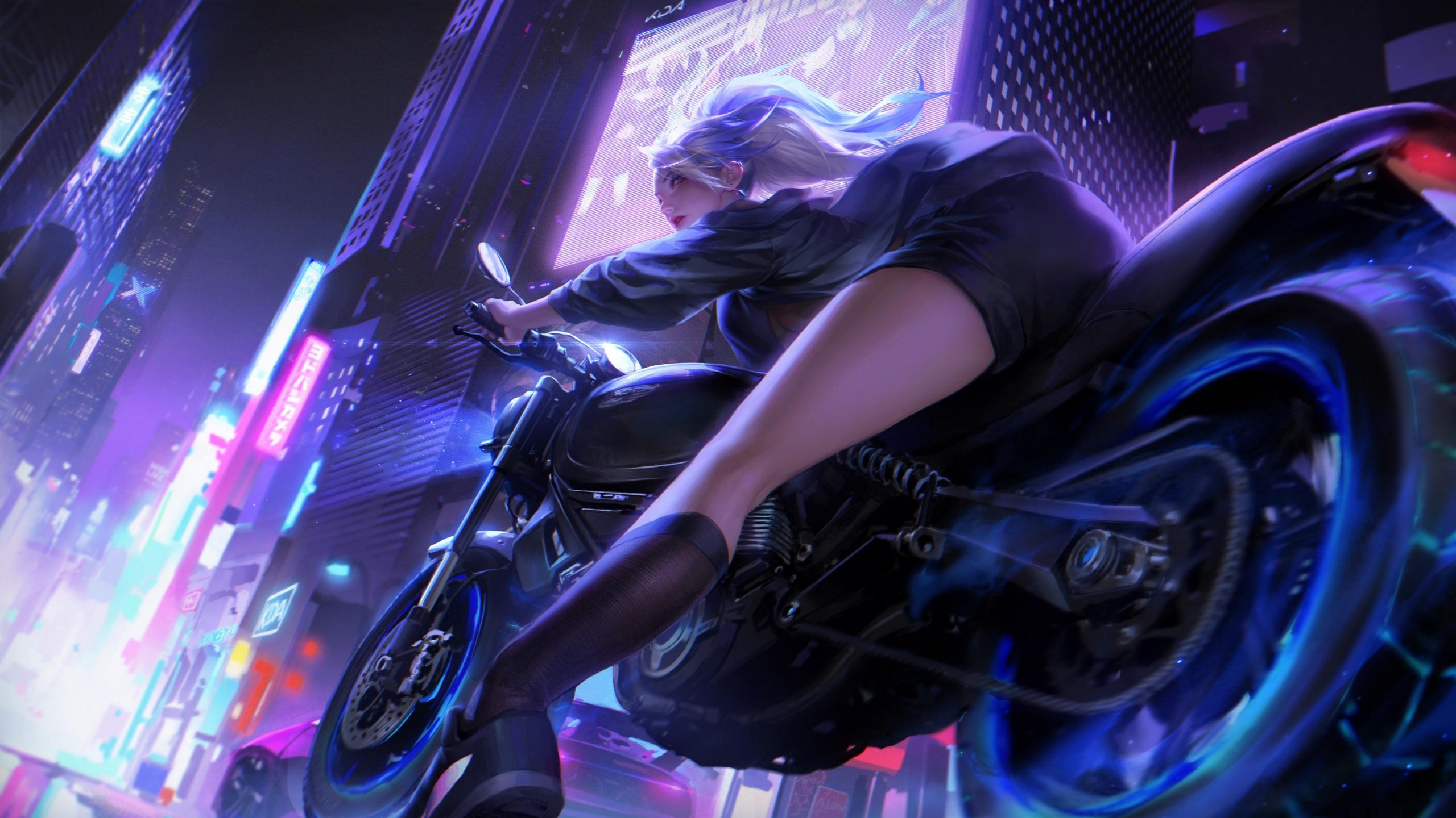 2560x1440 Wallpaper 4k Biker Girl Neon City 4k Wallpaper