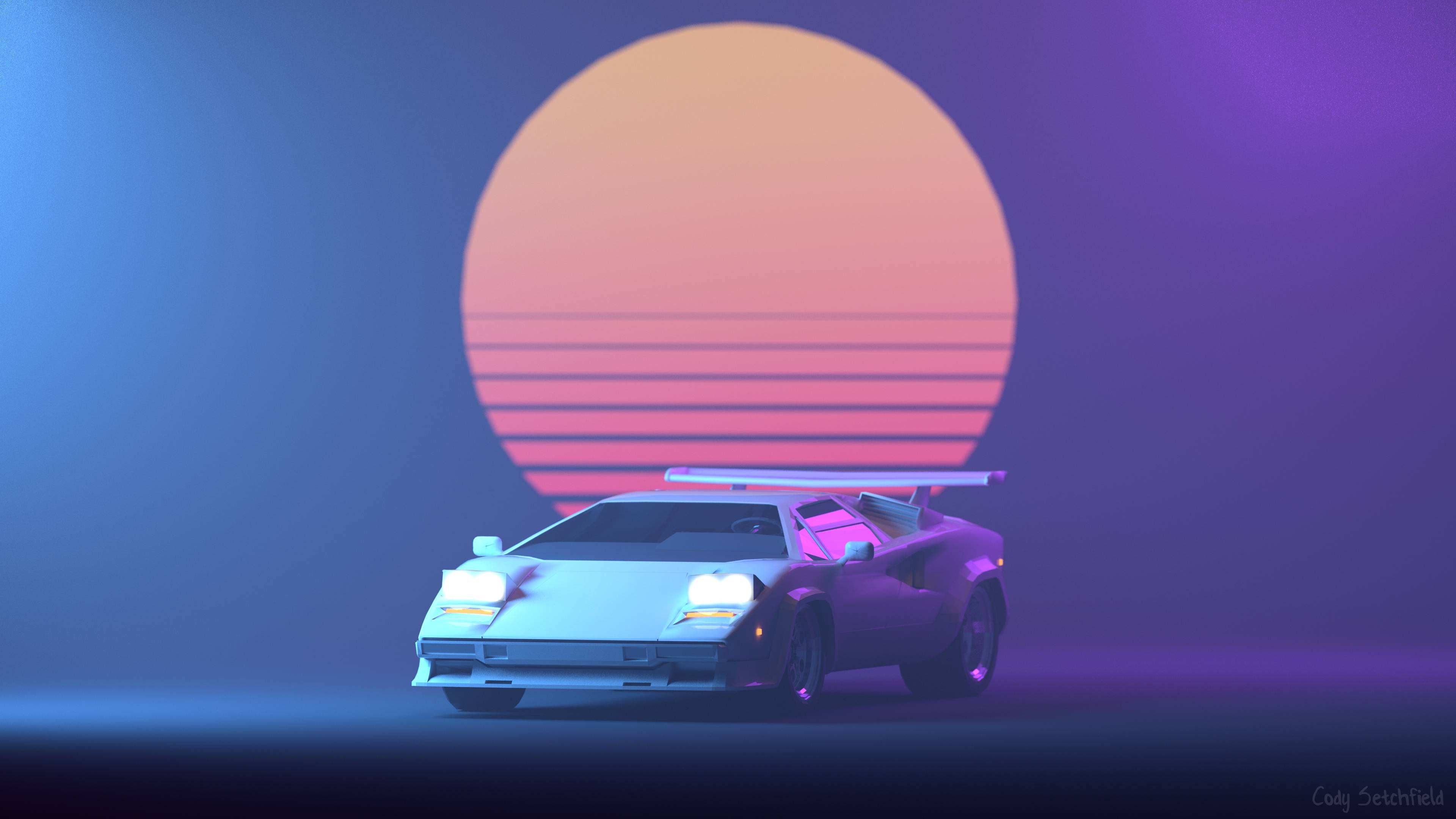 3840x2160 K, #Lamborghini, #Neon, #Sun, #Retro. Mocah HD Wallpaper