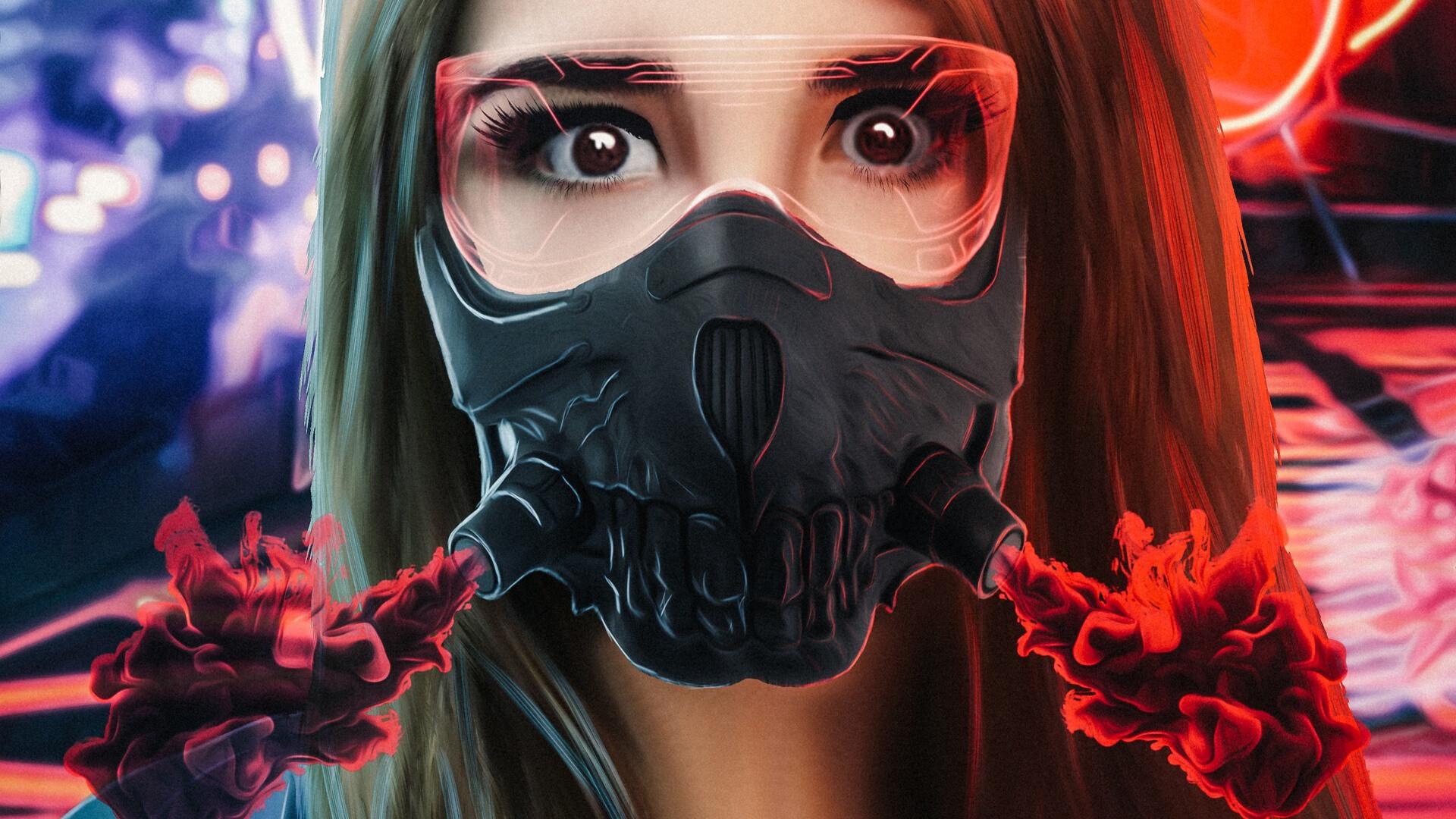 1920x1080 Gas Mask Girl Neon Wallpaper 53390