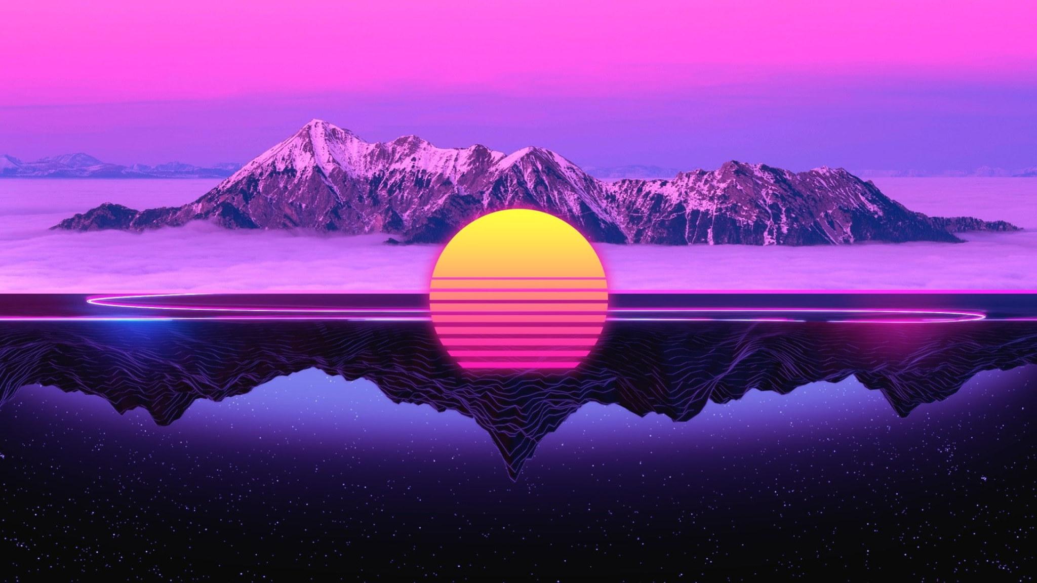 2048x1152 The sun, Reflection, Mountains, Music, Star, 80s, Neon, 80's wallpaper • Wallpaper For You HD Wallpaper For Desktop & Mobile