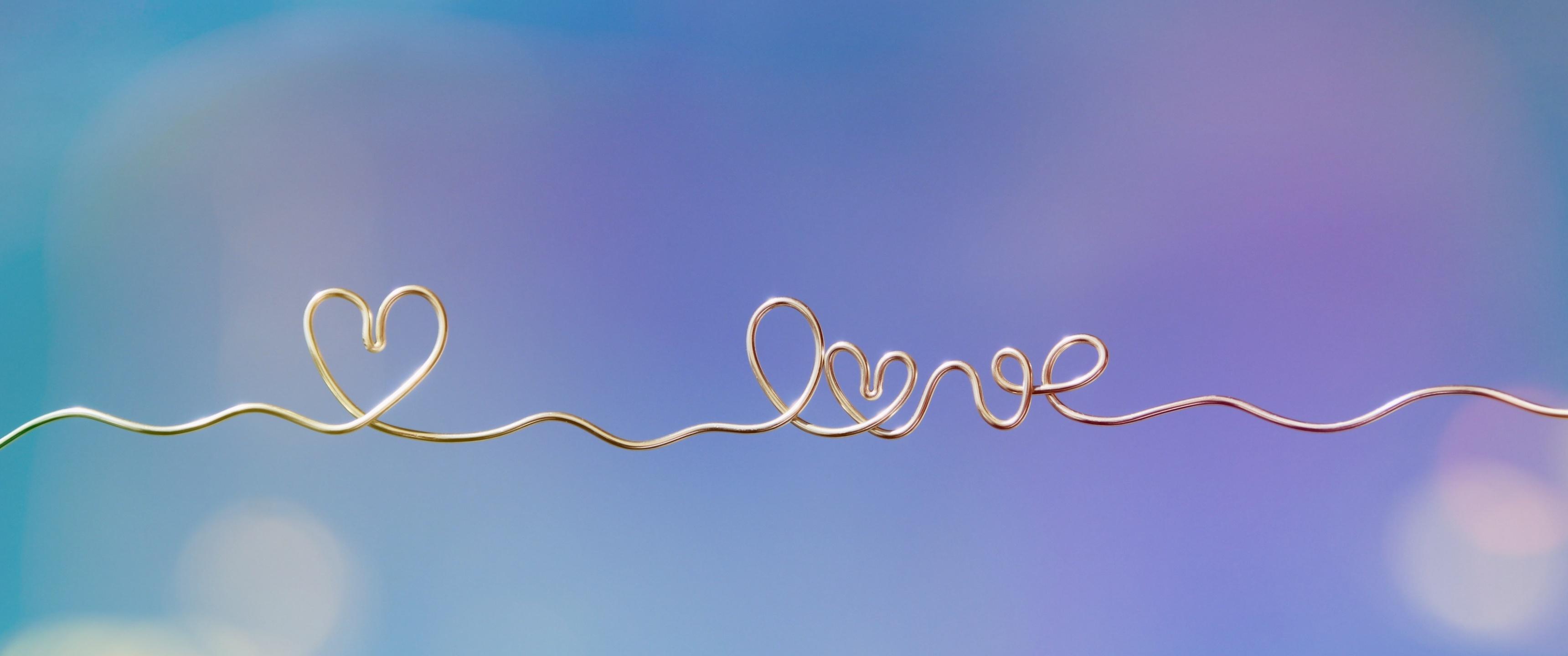 3440x1440 Love heart Wallpaper 4K, Heart symbol, Golden letters, Bokeh, Aesthetic, Love