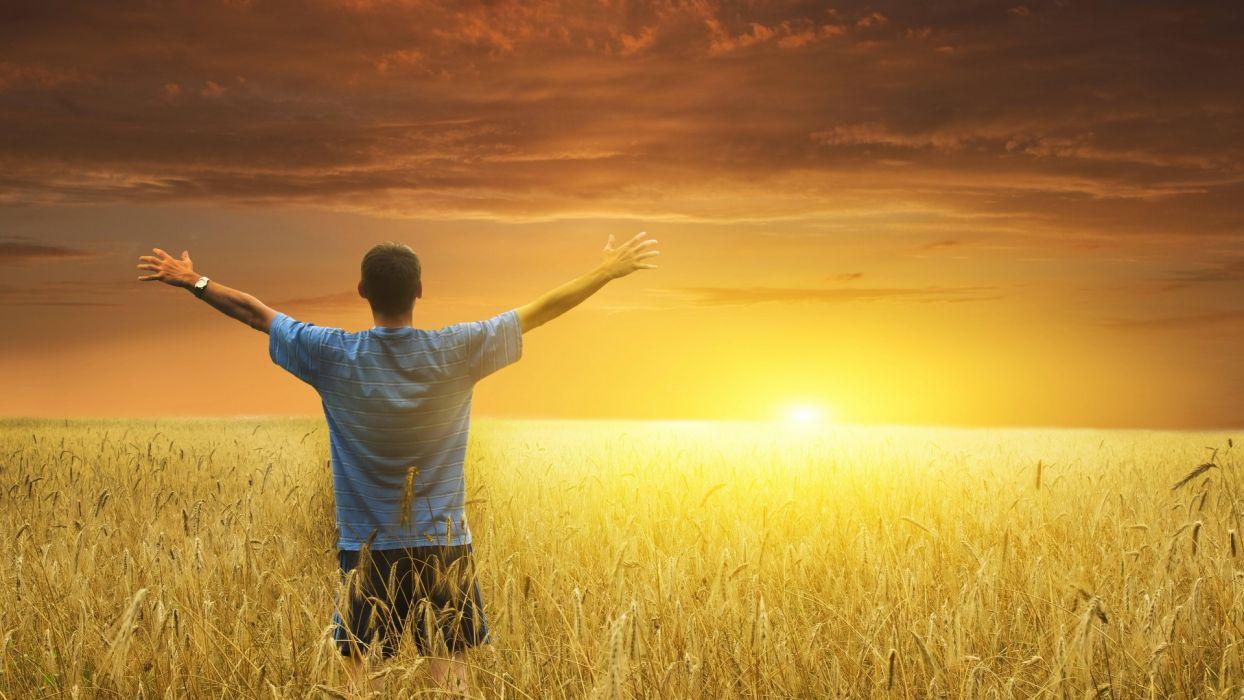 1244x700 Men males mood sunset sunrise landscapes fields grass wheat sky wallpaperx1080