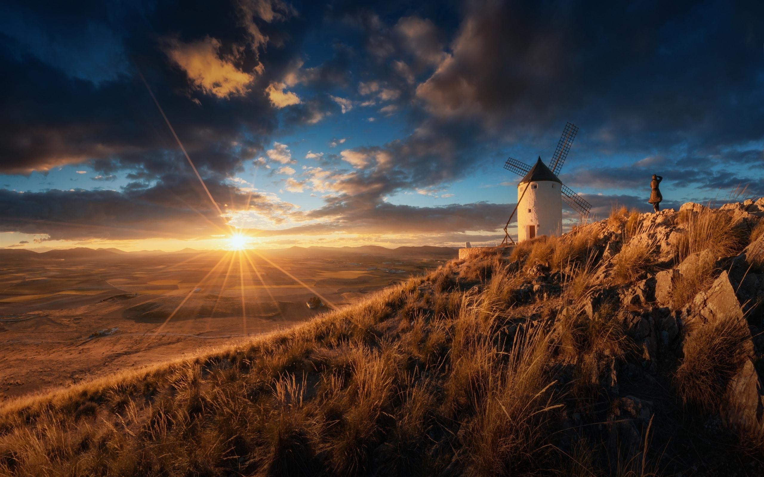 2560x1600 Download 2560x1600 Sunrise, Windmill, Field, Clouds, Scenic, Spain Wallpaper for MacBook Pro 13 inch