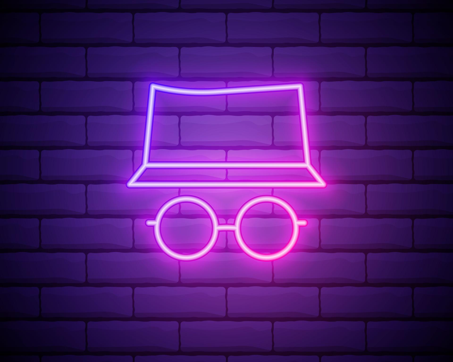 1920x1536 Private browsing neon thin line icon person in hat and face mask on web page. Modern vector illustration