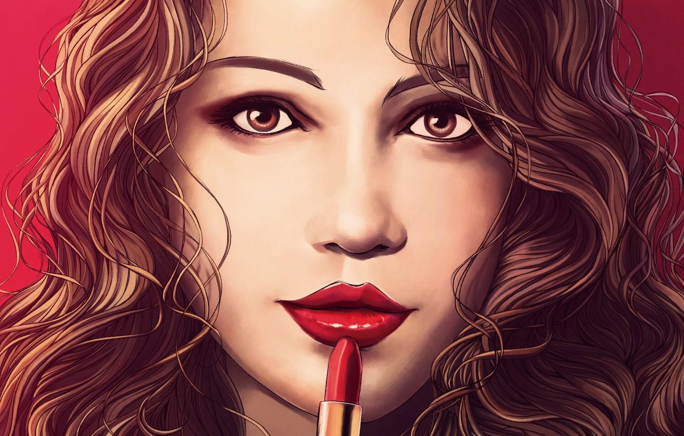 1332x850 Wallpaper look, girl, face, hair, lipstick, art, painting, red lips image for desktop, section живопись